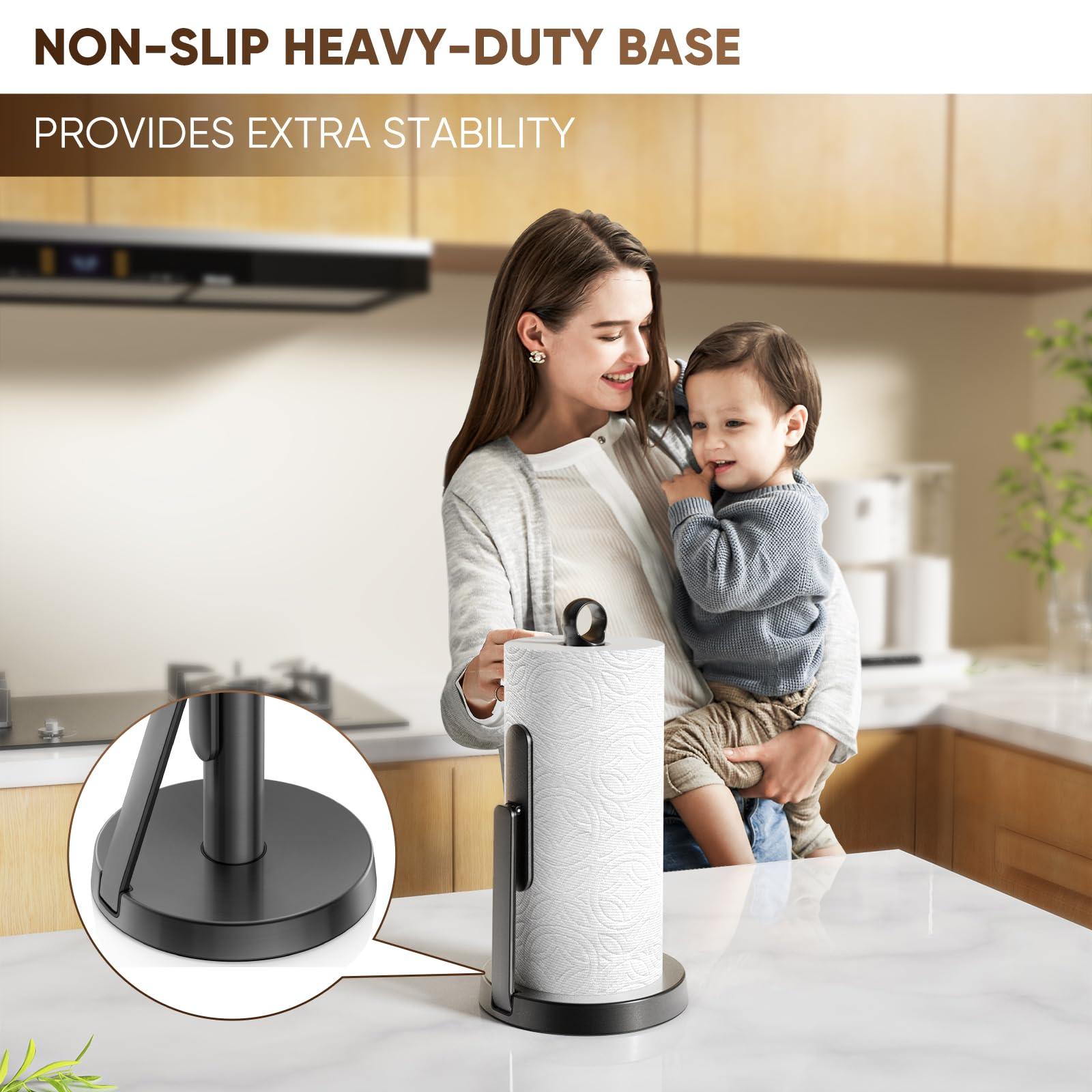 theaoo Heavy-Duty Stainless Steel Paper Towel Holder with Tension Arm – Easy One-Handed Tear, Modern Standing Countertop Dispenser for Kitchen, Holds All Paper Towel Rolls (1, Black) - Image 8