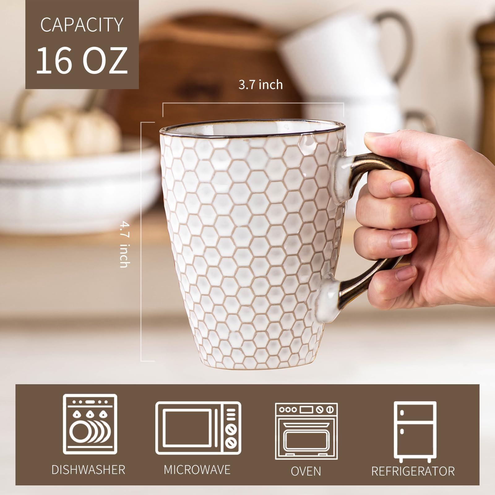 Anmula Coffee Mug Set of 4, 16 Oz Ceramic Embossment Coffee Mugs for Latte, Tea, Cappuccino, Cocoa, Mocha, Microwave & Dishwasher Safe, White - Image 3