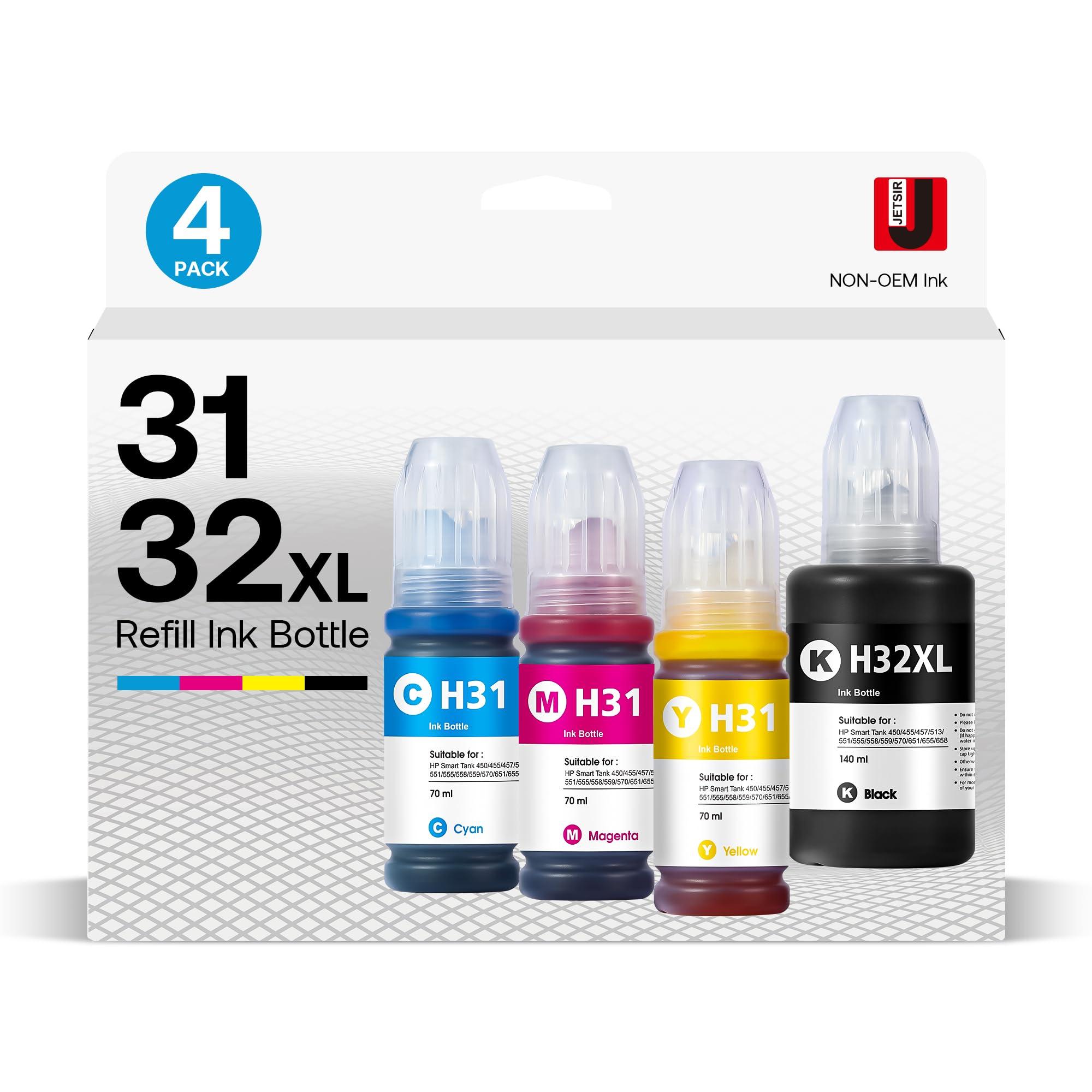 31 32XL Ink Bottle Refill Kit Compatible for HP Smart Tank 5101 7301 7602 7001 6001 Plus 551 651 455 457 450 All-in-One Ink-Tank Printers, 4-Pack (140ML 32XL Black Ink, 70ML 31 Color Ink)