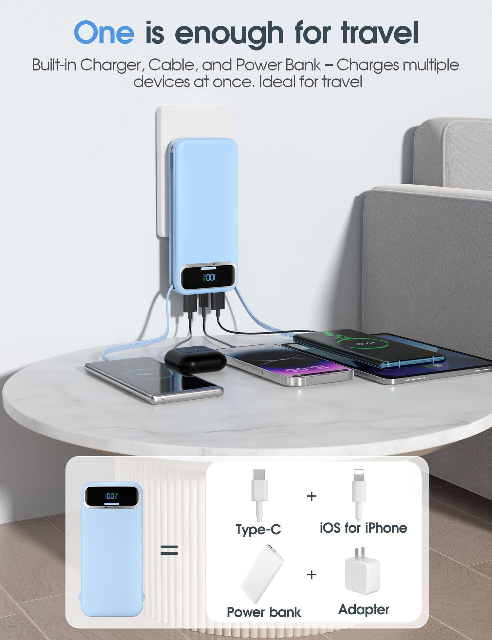 Portable-Charger Power-Bank with Built-in Cables & AC Wall Plug - 12000mAh PD 20W Fast Charging for iPhone,Samsung,Android, USB-C,Rechargeable External Battery Pack for Cell Phone,Type C,Travel Blue - Image 2
