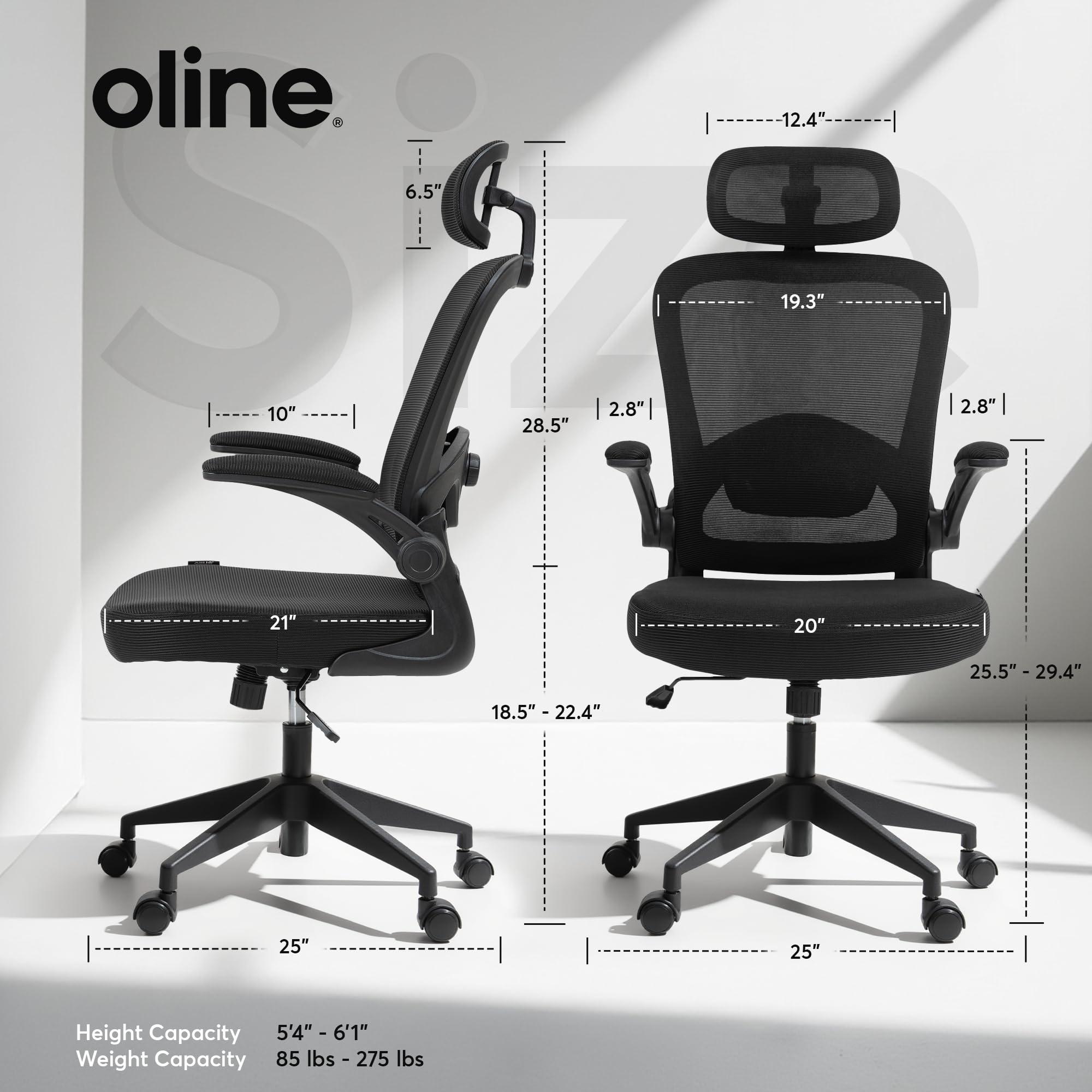 Oline ErgoAir Ergonomic Office Chair – Adjustable Lumbar Support, Flip-Up Armrests, Mesh Computer Desk Chair, Swivel Rolling Executive Gaming Chair for Home & Office (Black) - Image 3