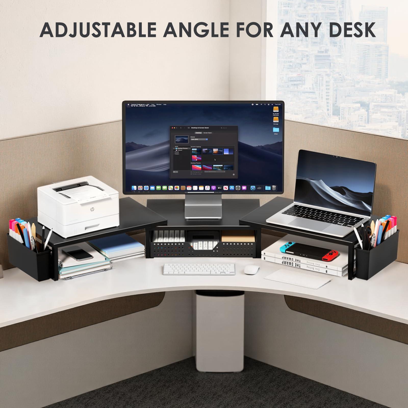OPNICE Desk Organizers and Accessories, Dual Monitor Stand Riser with Drawer and 2 Pen Holders, Desk Shelf Metal Computer Monitor Stand for Office Workspace Organizers, Desktop Organization (Black) - Image 6