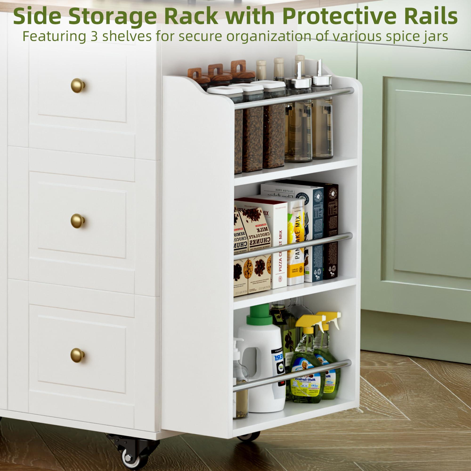 VALONDINO Kitchen Island On Wheels, Rolling Kitchen Island Cart with Drop Leaf, Storage Cabinet with 3 Drawers and Inner Adjustable Shelves, Towel Rack Spice Cart White - Image 7