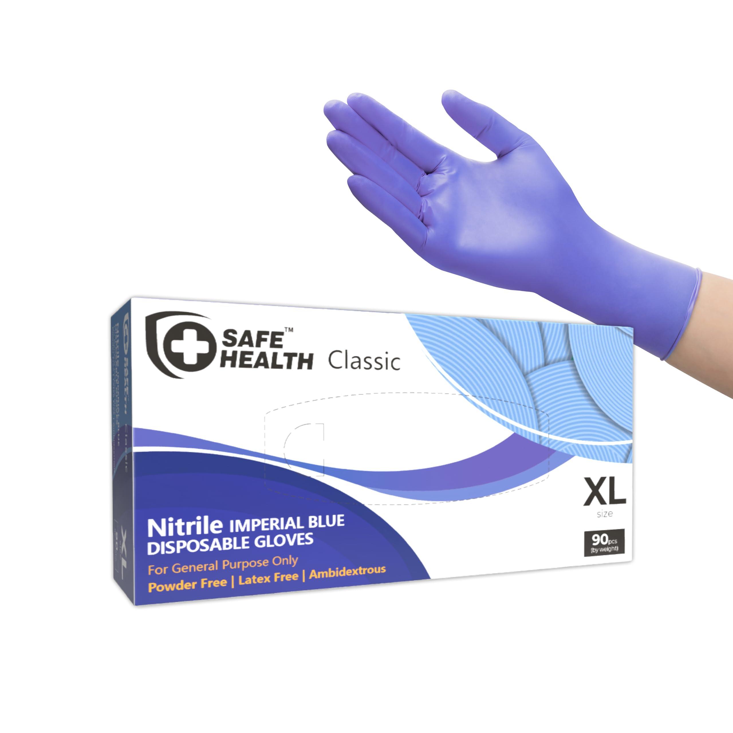 Safe Health Nitrile Imperial Blue Industrial Disposable Gloves, 3.5 Mil, Powder Free, Latex Free
