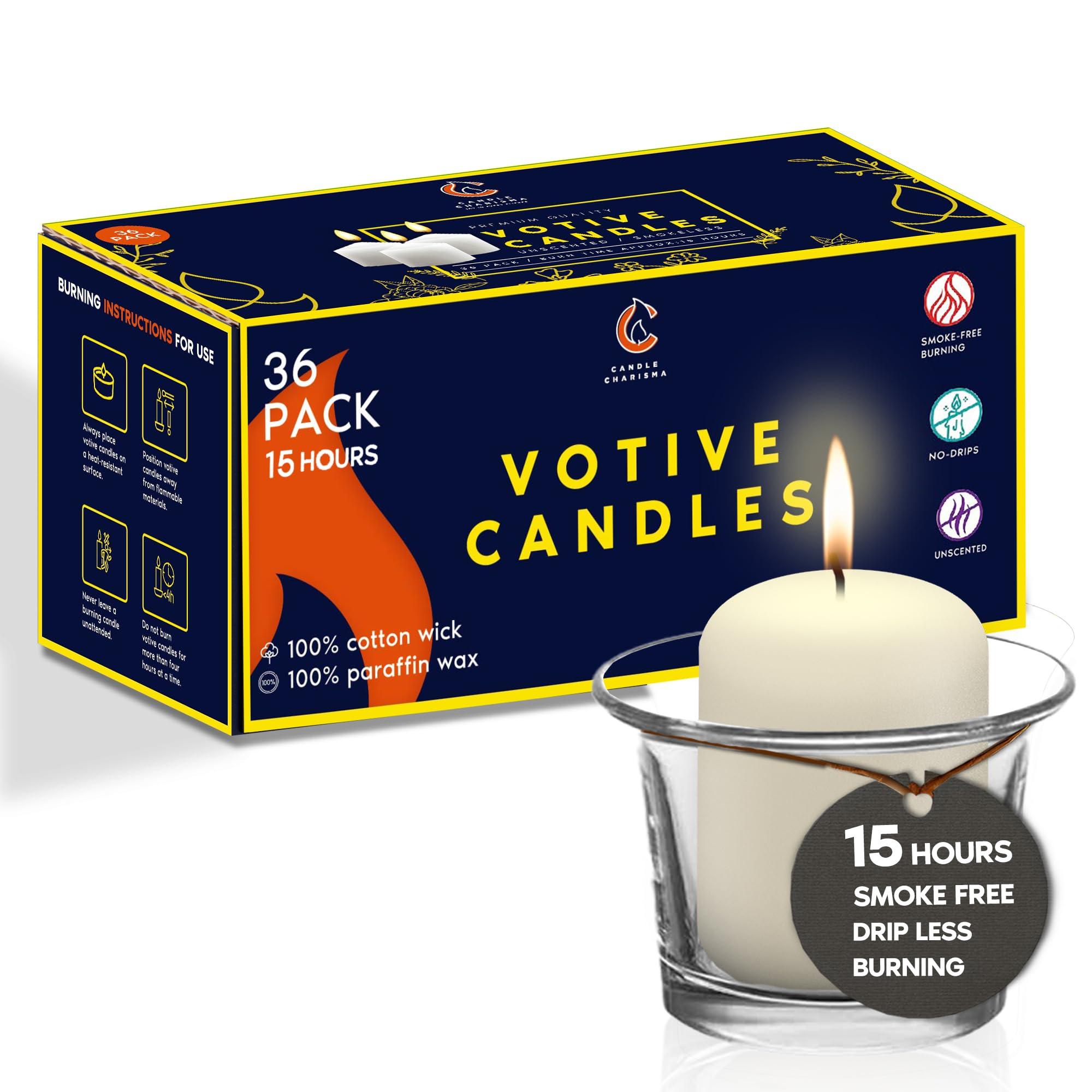 Candle Charisma White Votive Candles Unscented - 15 Hour Burn time - Set of 36 for Dinner, Wedding, Halloween and Holiday Decorations