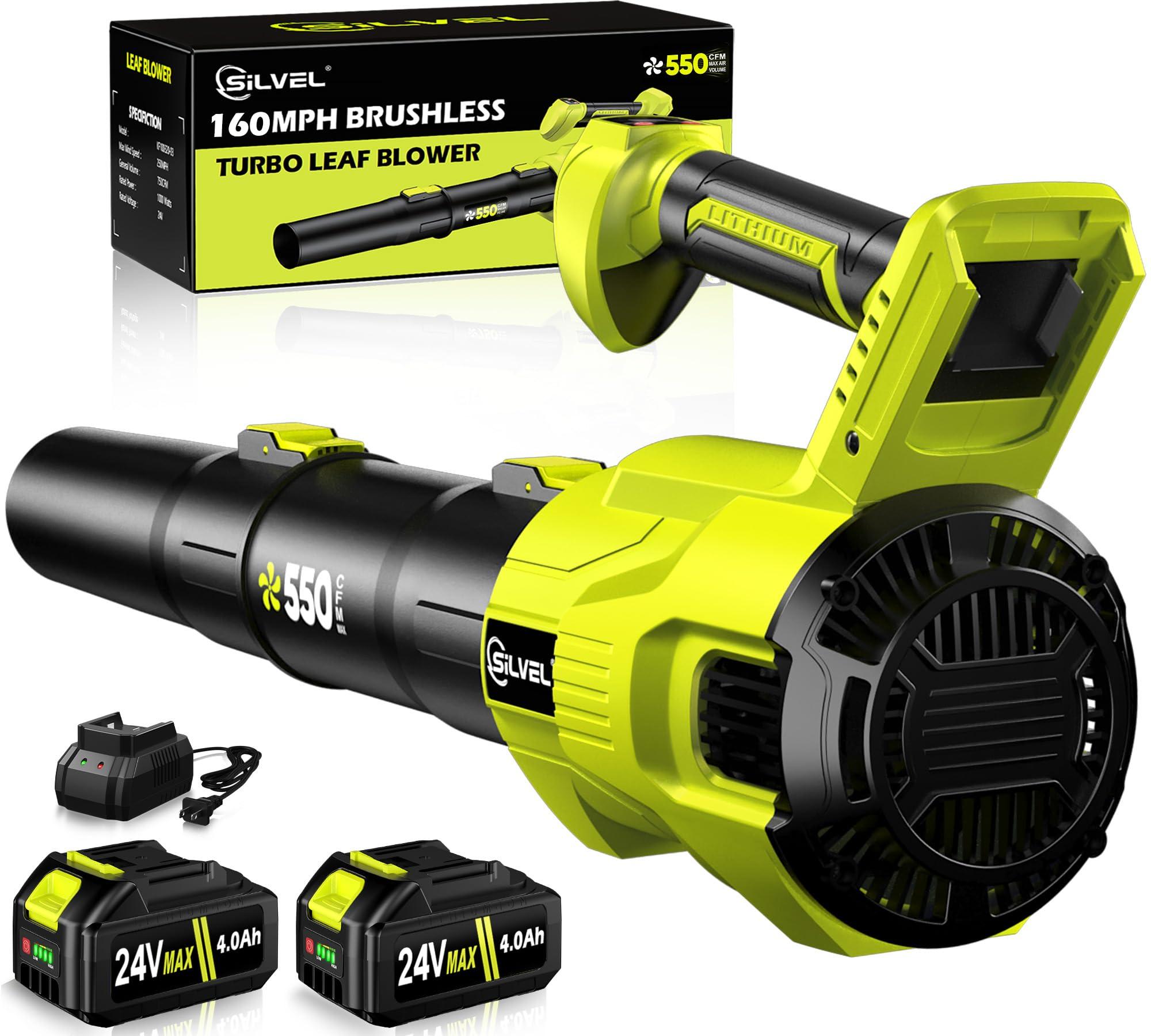 Cordless Leaf Blower, 550CFM (160MPH) Brushless Turbo Blower, 24V High Power Battery Powered Leaf Blowers with 2x4.0Ah Battery & Charger, Electric Blowers Variable Speeds for Lawn&Garden (RyobiGreen)