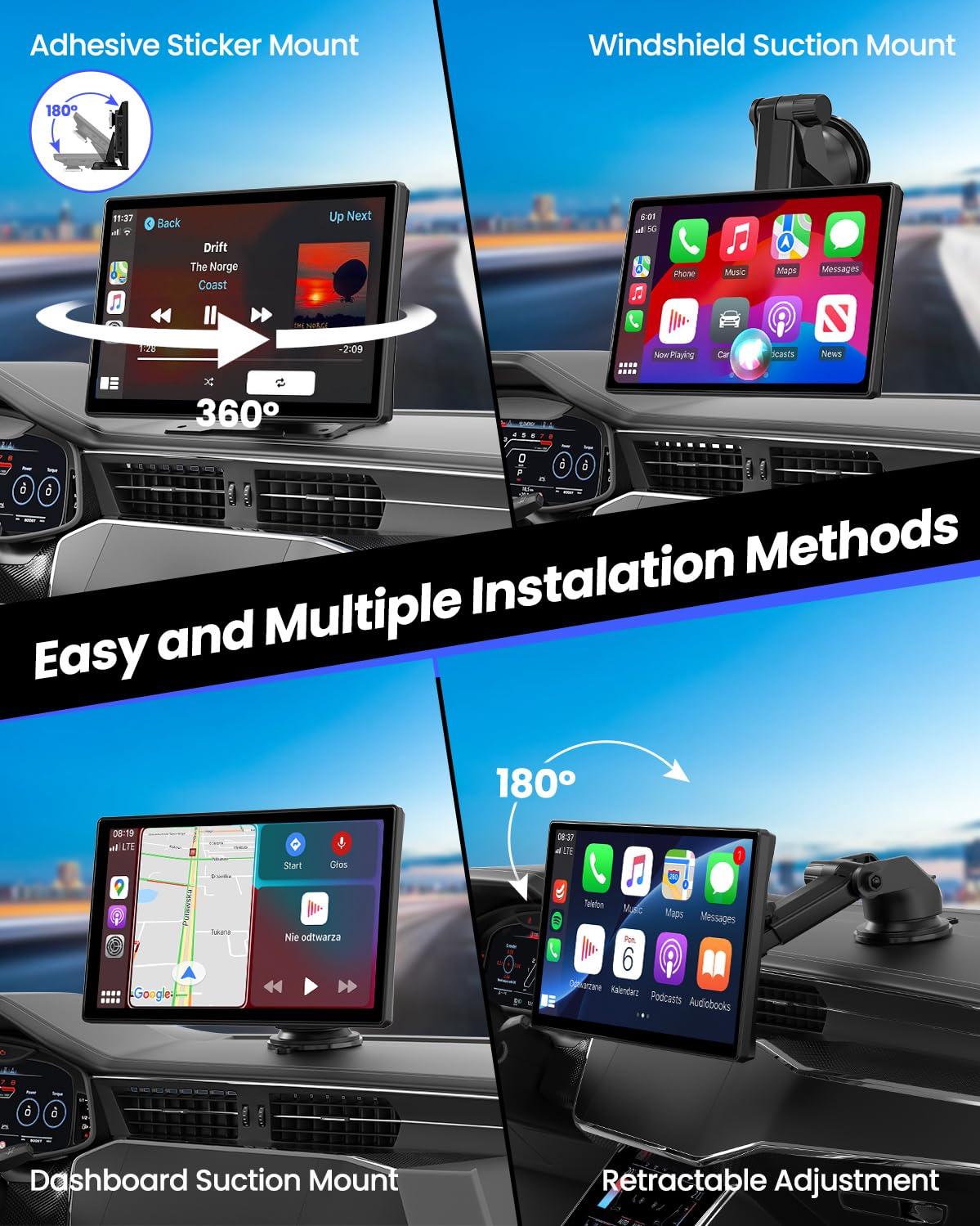 Wireless CarPlay Screen - 9'' Portable Car Stereo with 4K Dash Cam, 1080P Backup Camera, Satellite Radio, Apple CarPlay & Android Auto, GPS Navigation/AirPlay/Voice Control - Image 6