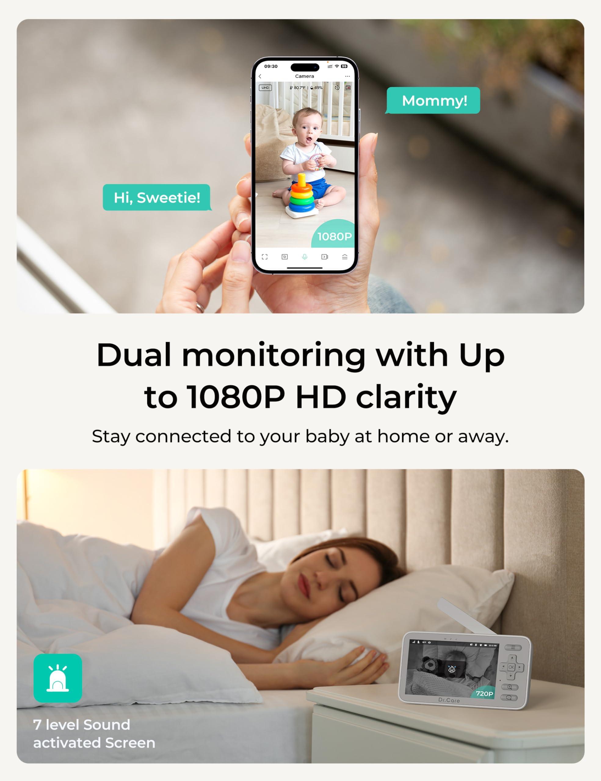 Dr.Care VistaView Lite Smart WiFi Baby Monitor with 2 Cameras- 4” 720P Split Screen & 1080P Camera App Control, Motion Alerts, Night Vision, 3000mAh Battery, 2-Way Talk, Triple Security, 1000ft Range - Image 2