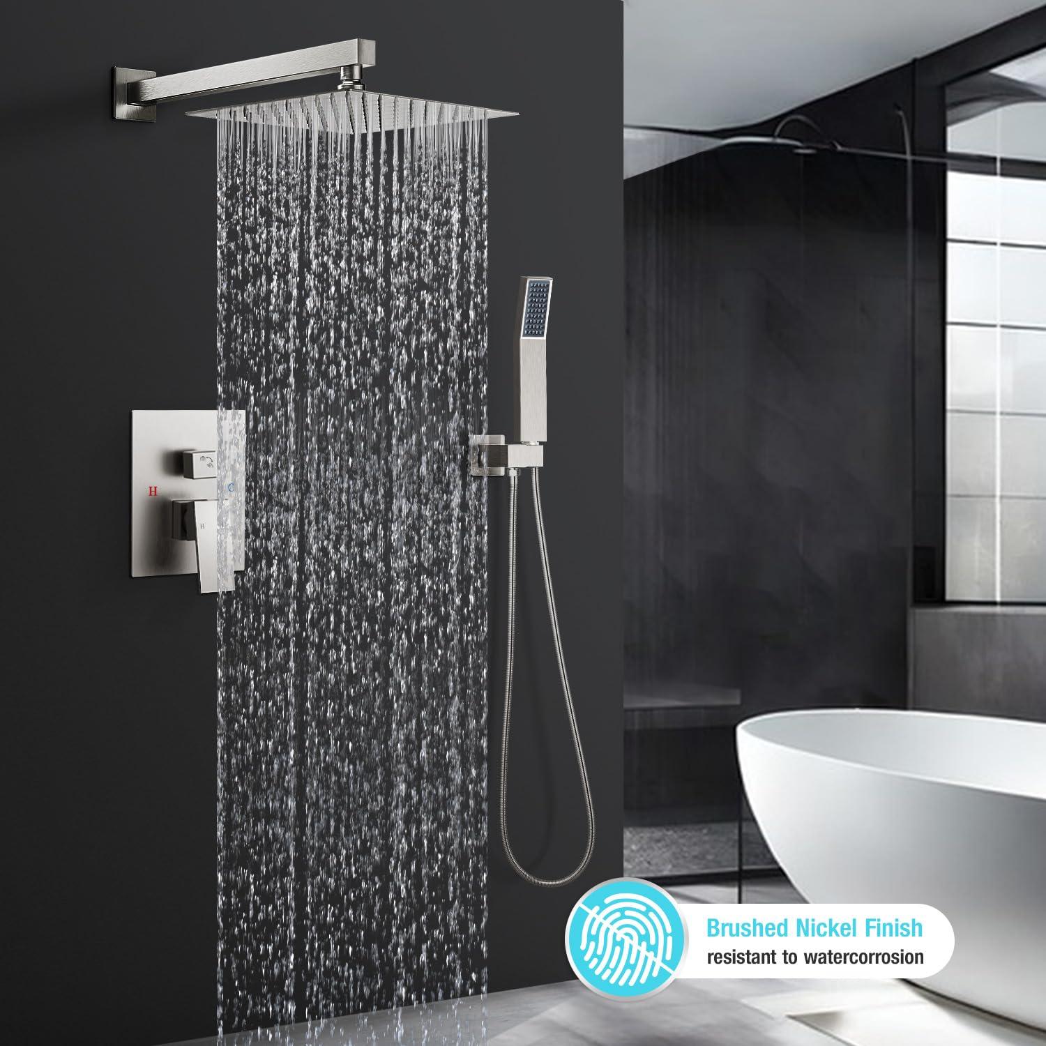 HGN 10 Inches Bathroom Rain Shower Combo Set Wall Mounted Rainfall Brushed Nickel Shower Head System Rough-in Valve Body and Trim Included - Image 2