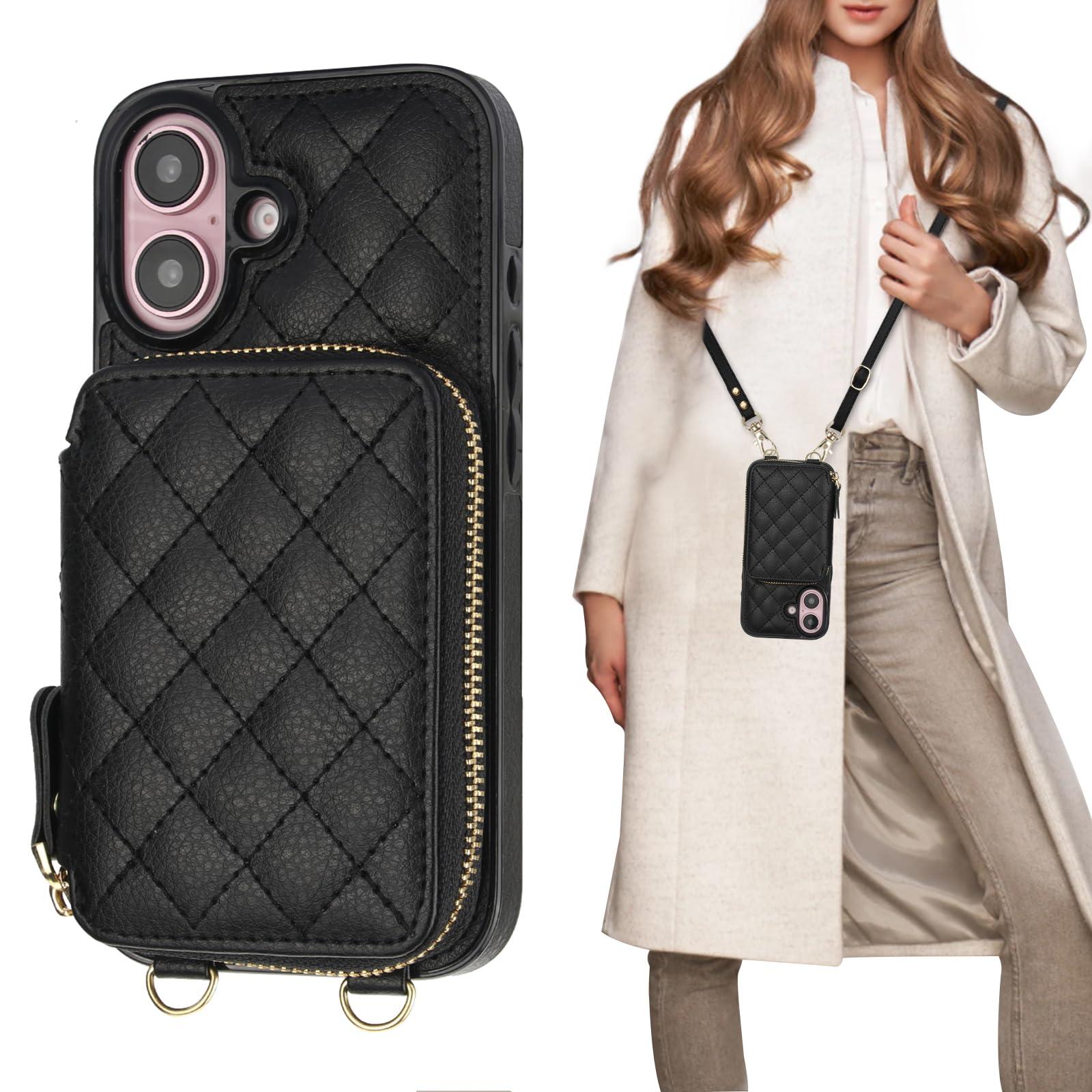 Bocasal Crossbody Wallet Case for iPhone 16, RFID Blocking PU Leather Zipper Handbag Purse Flip Cover, Kickstand Folio Case with Card Slots Holder Wrist Strap Lanyard 5G 6.1 Inch (Black)