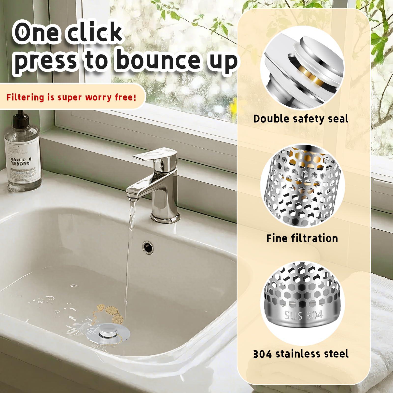 TONGDWOU 2Pack Bathroom Sink Stopper 1.06"-1.50", Universal Bathroom Sink Drain Pop Up Stopper for US Bathroom Sink Stainless Steel Floor Drain Filter, U.S. Standard Universal Drain Filter (Silver) - Image 3