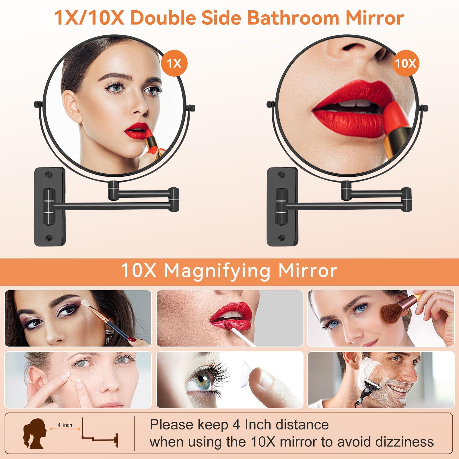 AumVum 8” Makeup Mirror Wall Mounted, 1X/10X Double-Sided Wall Mount Magnifying Bathroom Mirror with Extendable Arm, 360° Swivel Vanity Shaving Mirror for Bathroom and Makeup, Black (No Light - Image 4