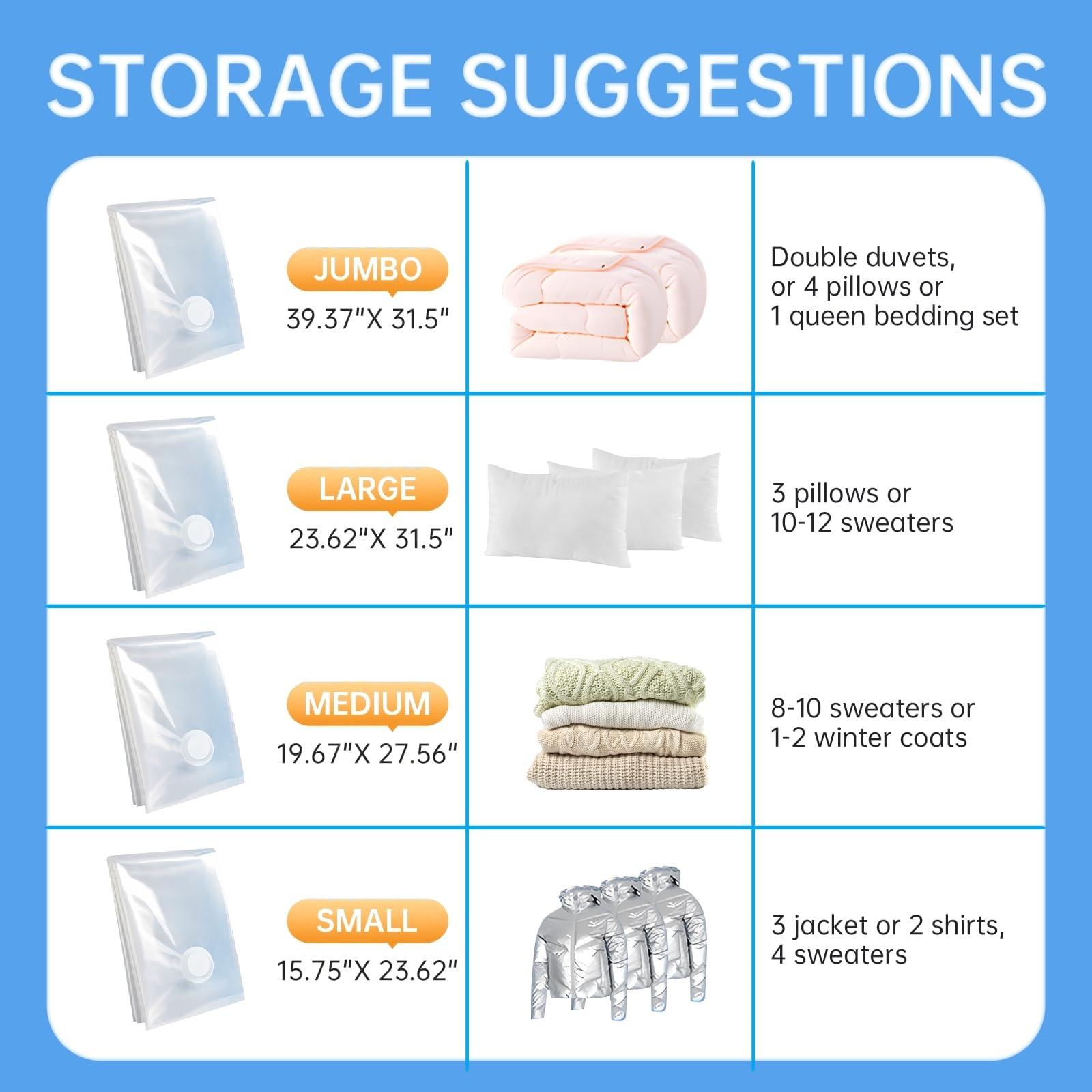 12 Pack Vacuum Storage Bags with Electric Pump, (3 Small, 3 Medium, 3 Large, 3 Jumbo) Vacuum Seal Bags for Clothing, Space Saver Bags for Travel, Luggage Compression Packing - Image 6