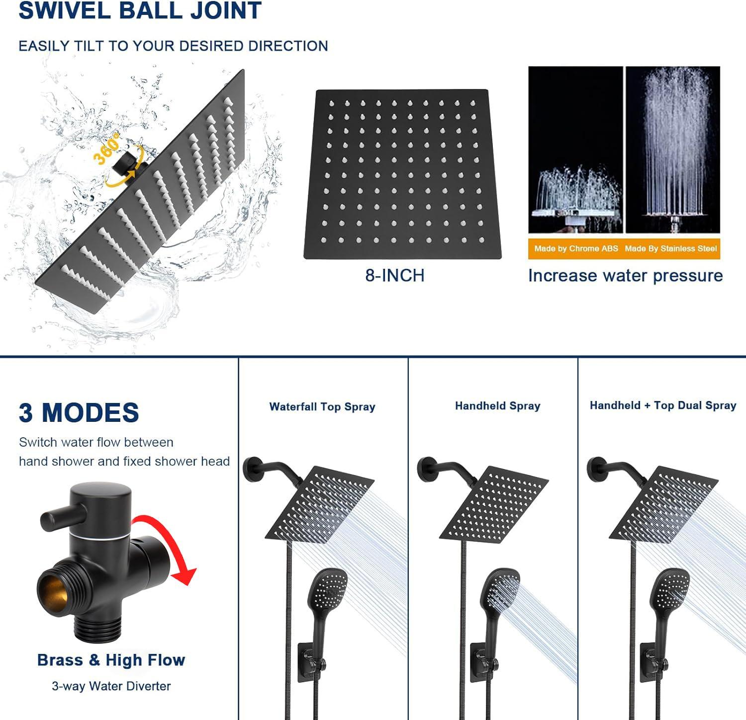 NearMoon Shower Head with Hose, High Pressure Stainless Steel Rain Shower and 3 Settings Handheld Spray Combo with Push Button Flow Control (8 Inch Showerhead Set, Matte Black) - Image 4