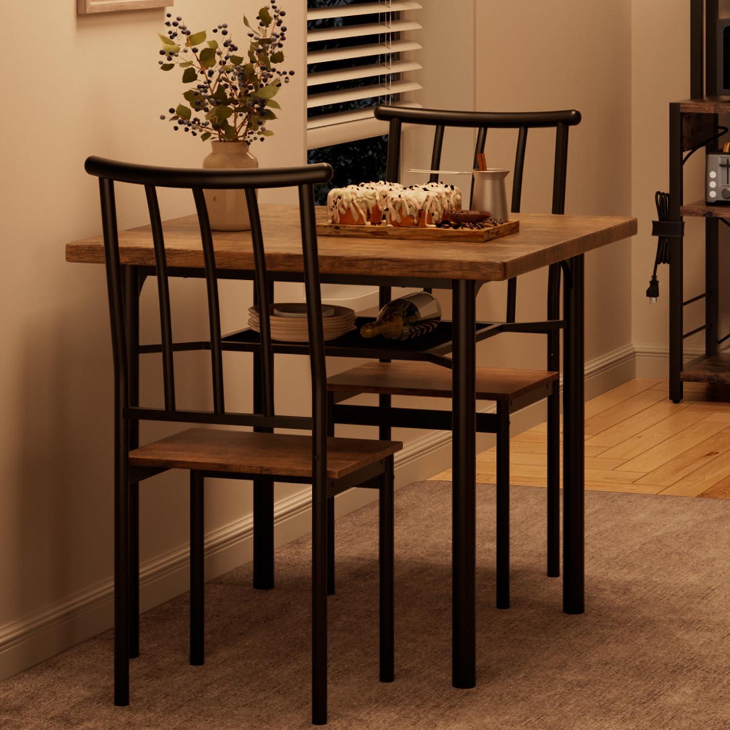GAOMON Dining Table Set for 2, Kitchen Table and Chairs for 2 with Wine Rack, Dining Room Table Set with 2 Wood and Metal Chairs, Square Kitchen Table Set for Small Space, Apartment, Rustic Brown