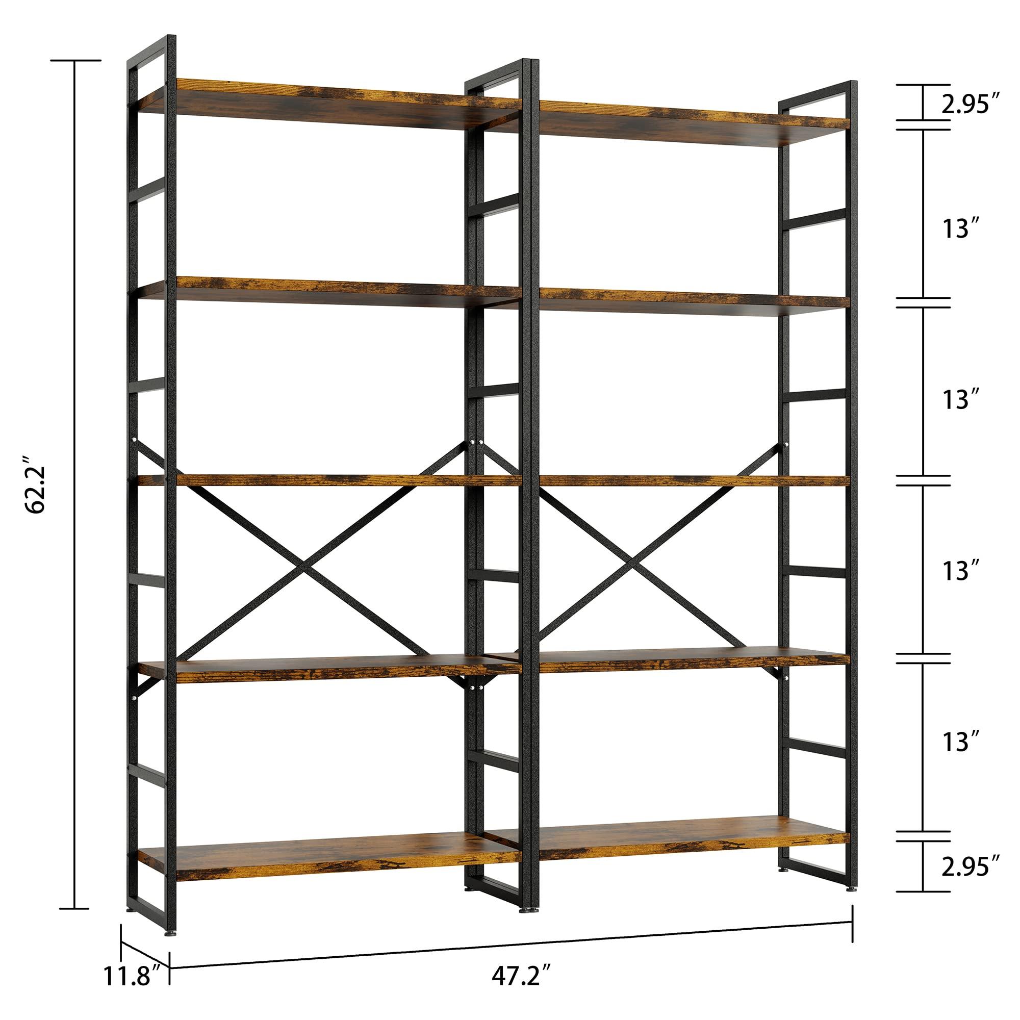 Shintenchi 2 Pieces 5 Tiers Bookshelf, Classically Tall Bookcase Shelf, Industrial Book Rack, Modern Book Holder in Bedroom/Living Room/Home/Office, Storage Rack Shelves for Books/Movies-Rustic Brown - Image 2