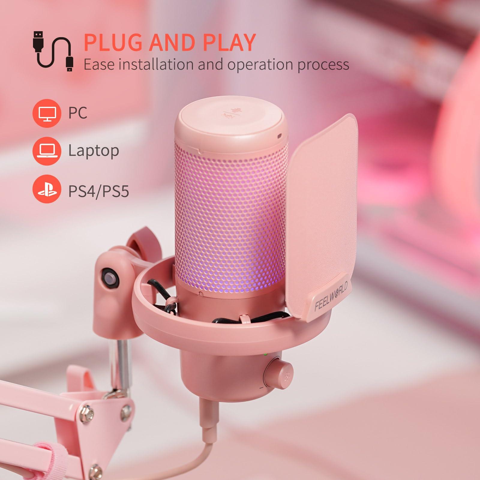 FEELWORLD VM1 Pink Gaming PC USB Microphone Condenser Mic with Noise Cancellation Mute RGB Light, Computer Accessories Gifts for Gamer YouTube Twitch Podcast Streaming Recording Online Chat PS4 PS5 - Image 5