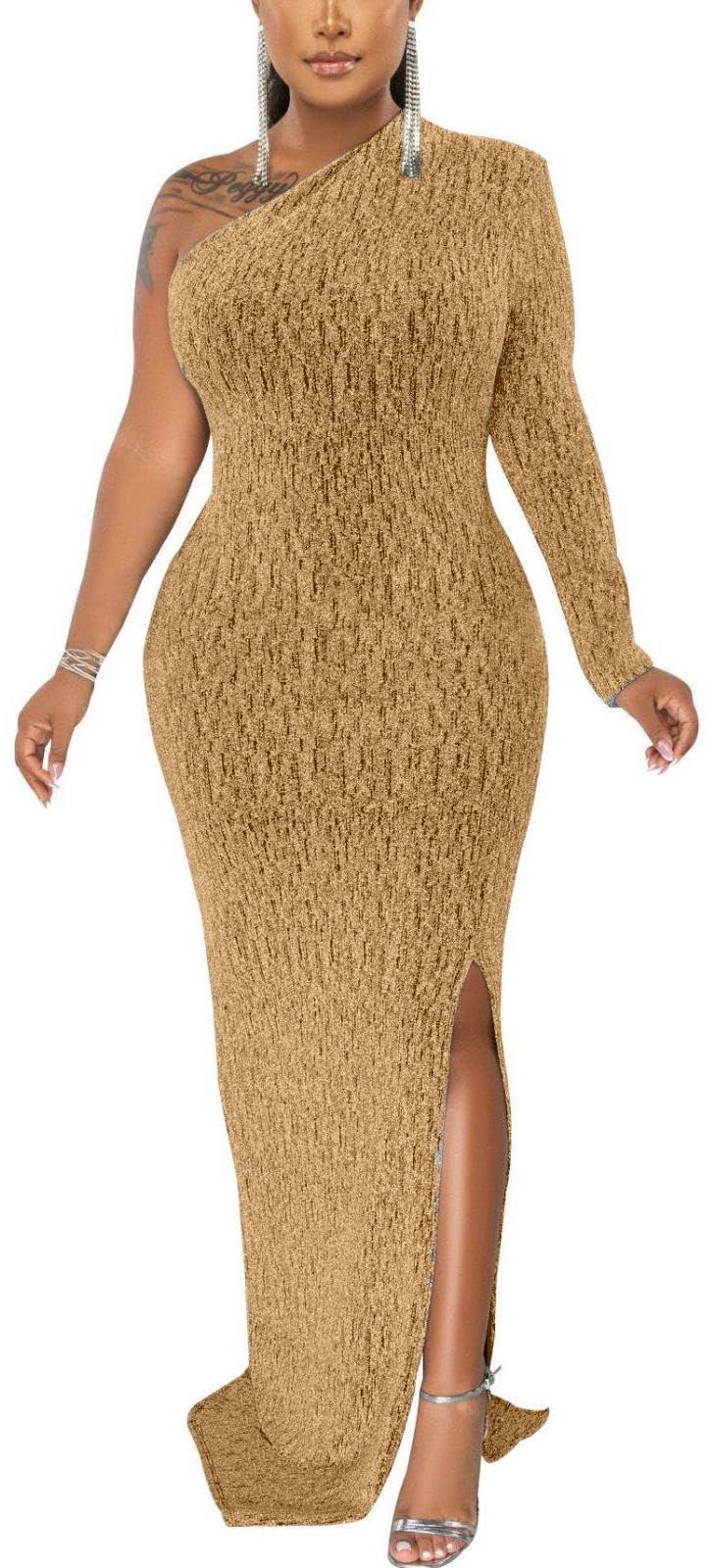 Women's Formal Evening Gowns Elegant Sparkly One Shoulder Maxi Dresses Sexy Long Sleeve High Split Party Long Dress - Image 2