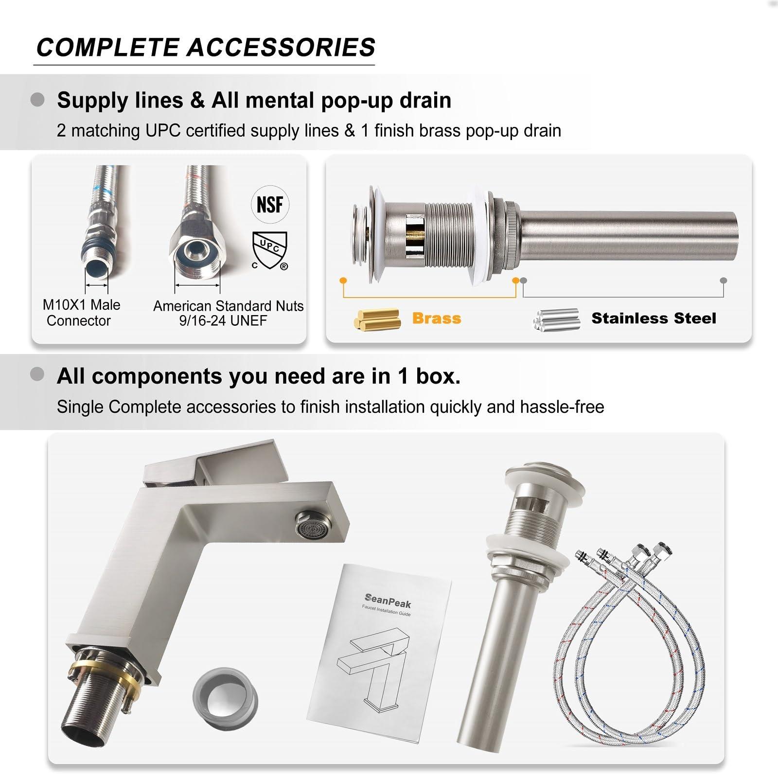 SeanPeak Bathroom Faucet, Brushed Nickel Bathroom Faucets, Solid Brass Sink Faucet, Lead-Free Single Handle Vanity Faucets with 2 Water Supply Hoses & Drain Stopper - Image 5