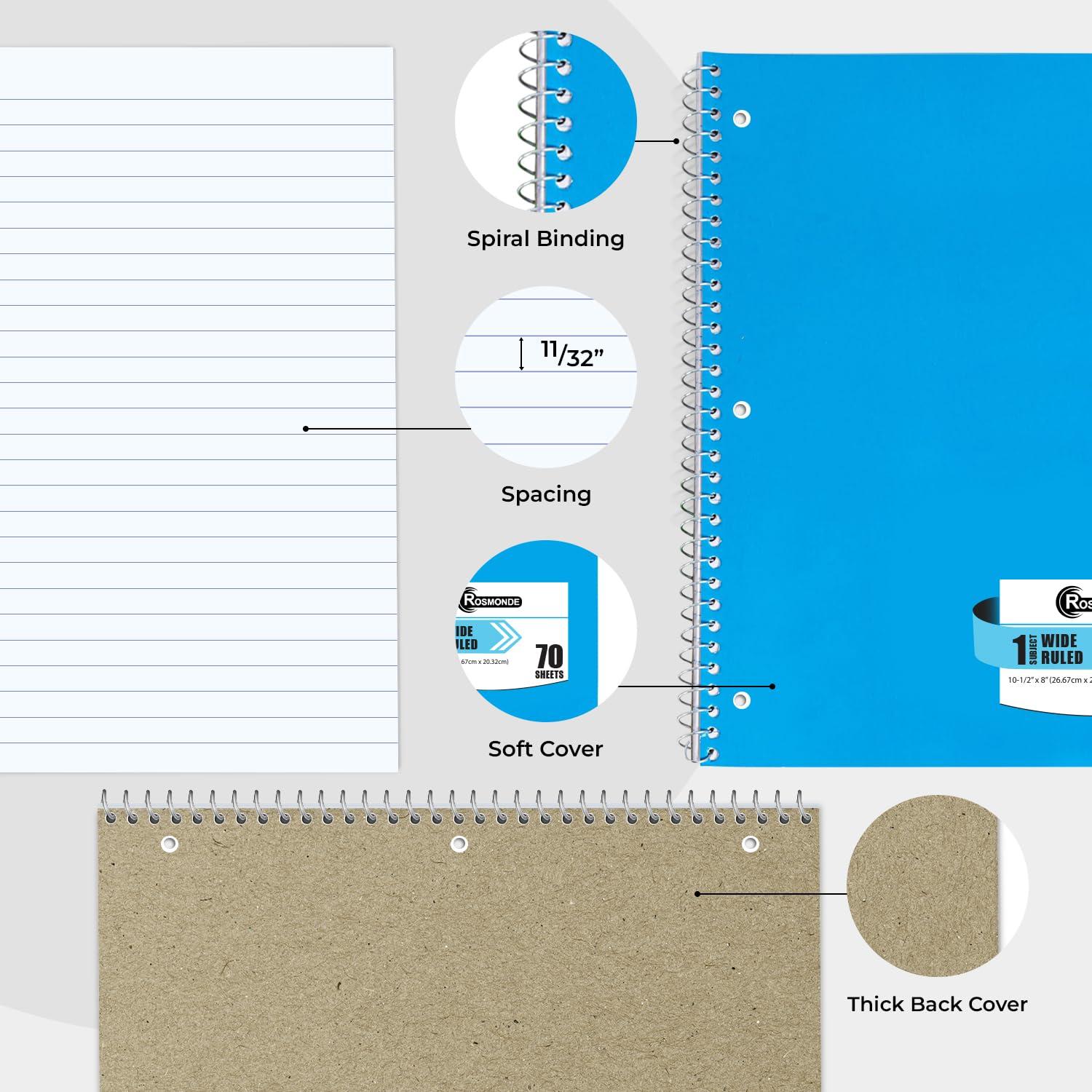 Rosmonde Spiral Notebooks, 12 Pack, 1 Subject Notebook, Wide Ruled, 70 Sheets, 8 x 10-1/2", 3 Hole Punched, School Supplies, Bulk Single Subject Spiral Notebook Bulk, Assorted Colors Pack of Notebooks - Image 5
