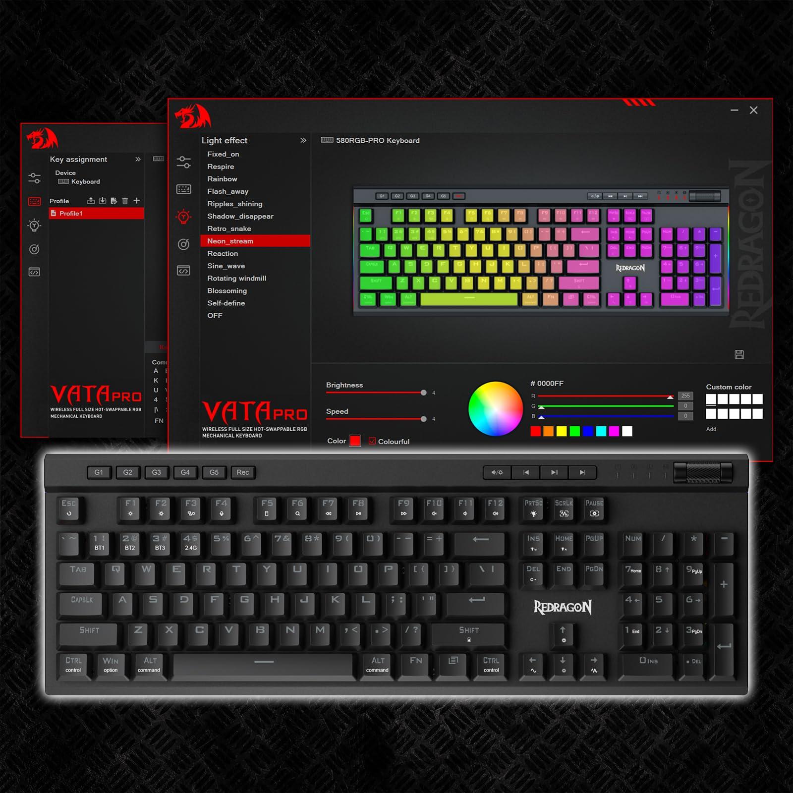 Redragon K580 PRO Wireless RGB Gaming Keyboard, 3-Modes 104 Keys Mechanical Keyboard w/Hot-Swap Socket, Dedicated Media Controls & Onboard Macro Recording, Linear Red Switch - Image 6