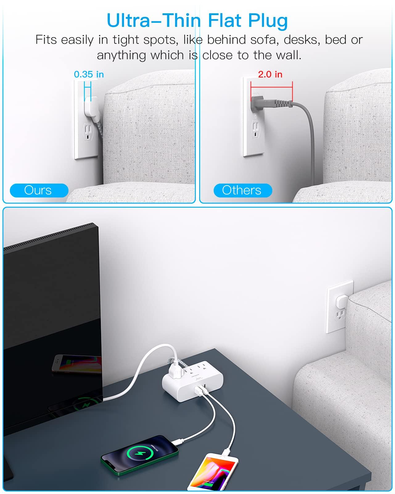 Flat Extension Cord 10 Ft, HANYCONY Ultra Thin Flat Plug Power Strip, 3 Outlets 3 USB Ports(2 USB C) Desk Charging Station, Power Strip with No Surge Protector for Cruise Ship Dorm Room Essentials - Image 2