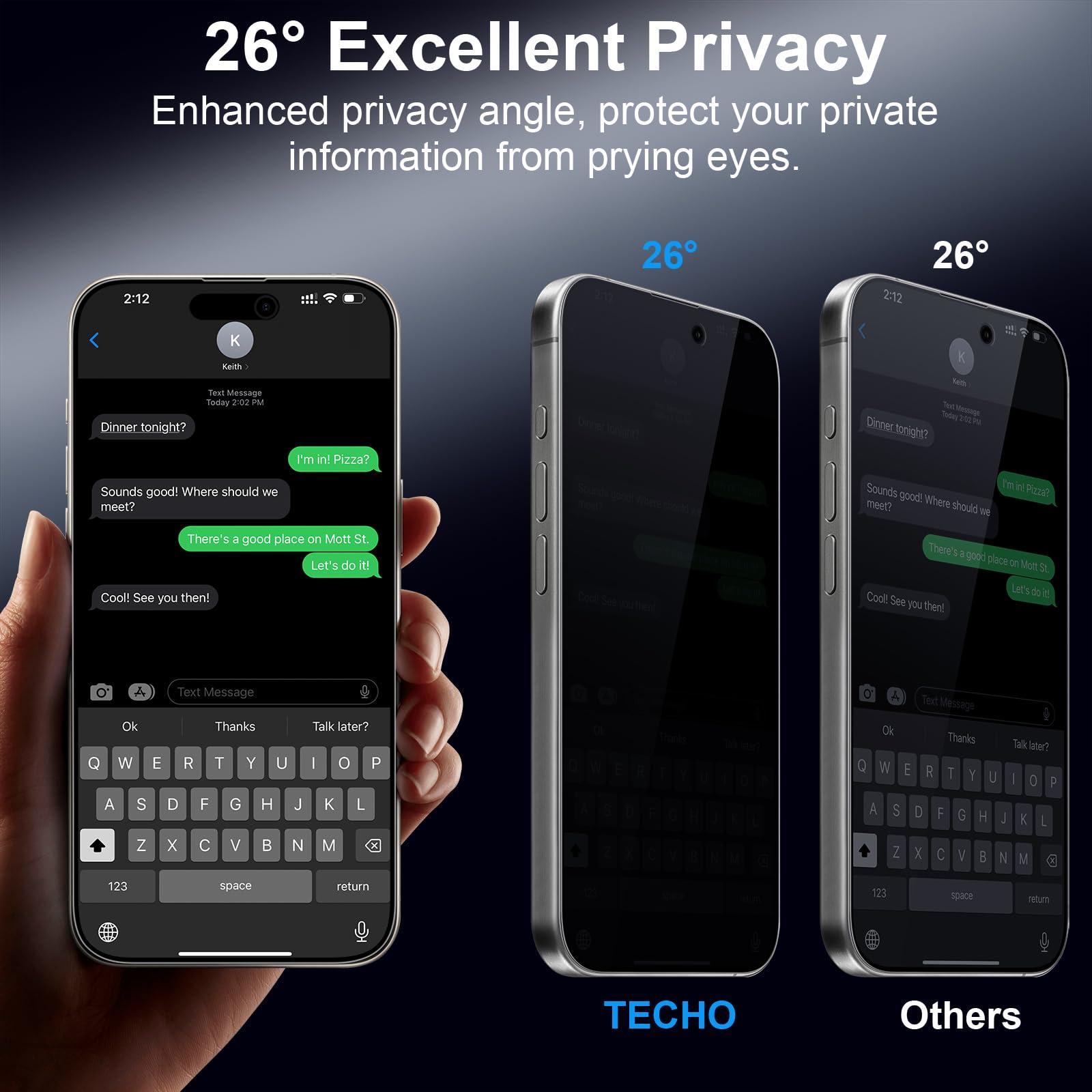 TECHO Privacy Screen Protector for iPhone 15 Pro Tempered Glass Film, Full Coverage Edge to Edge, Anti Spy Private, 9H Hardness, 2 Pack, 6.1 Inch - Image 2