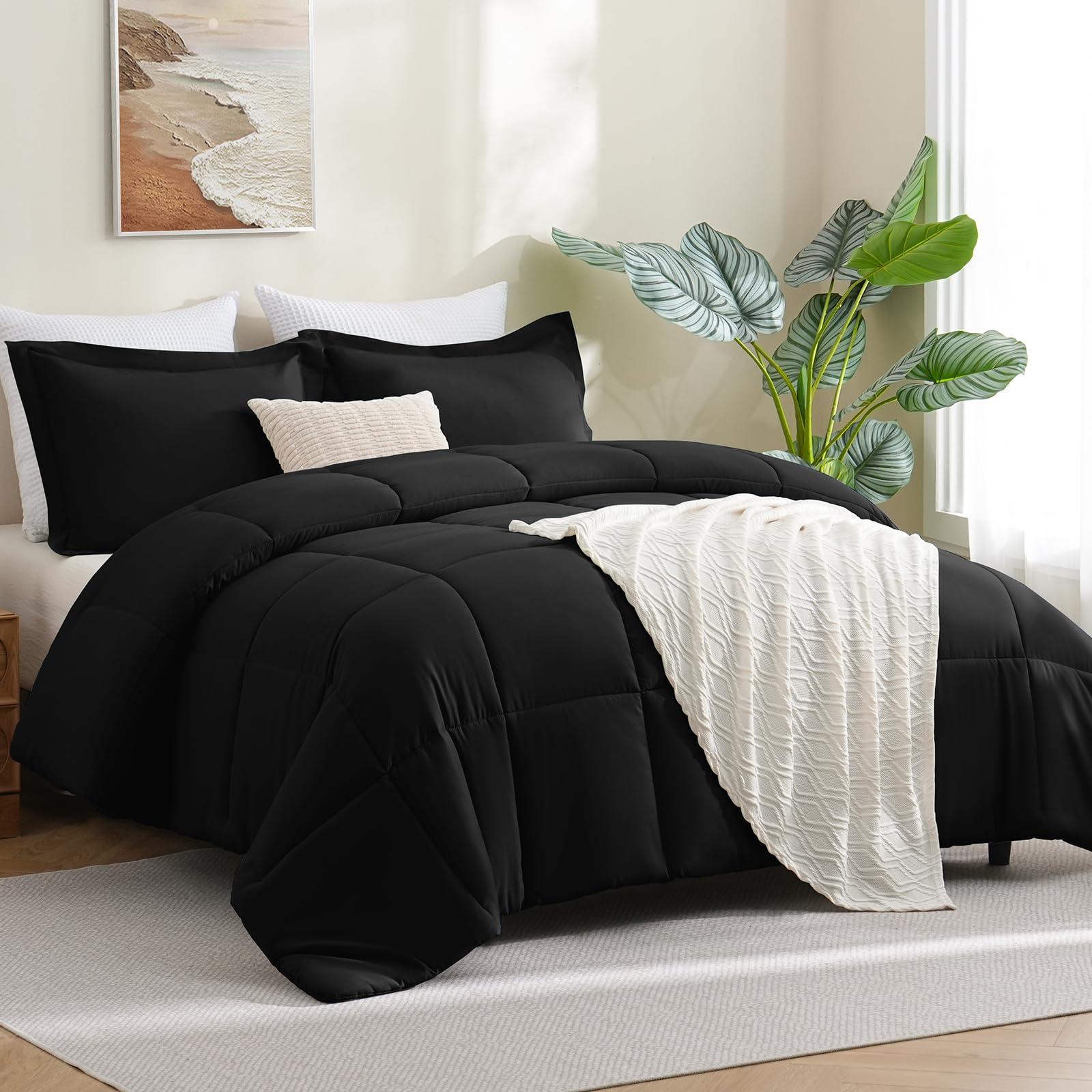 CozyLux Queen Comforter Set Black - 3 Pieces Box Stitched Comforters Queen Size, Soft Bed Set for All Seasons, Lightweight Bedding Sets with 1 Down Alternative Comforter and 2 Pillow Shams - Image 5
