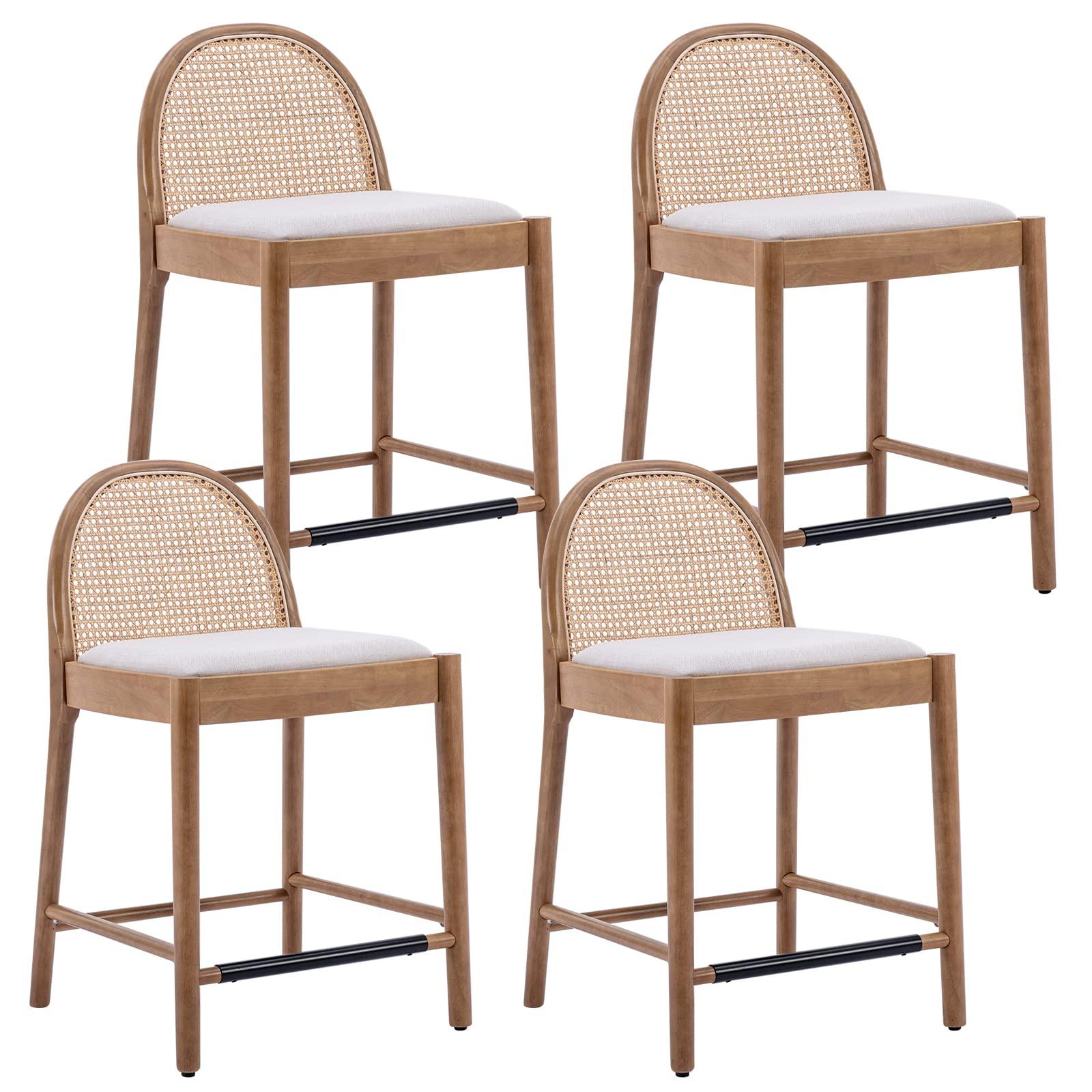 DUOMAY Modern Counter Stools Set of 4, 26 Inch Seat Height Counter Height Barstools Wooden Linen Upholstered Bar Stools with Oval Rattan Backrest Armless Kitchen Island Stool Chair, Beige