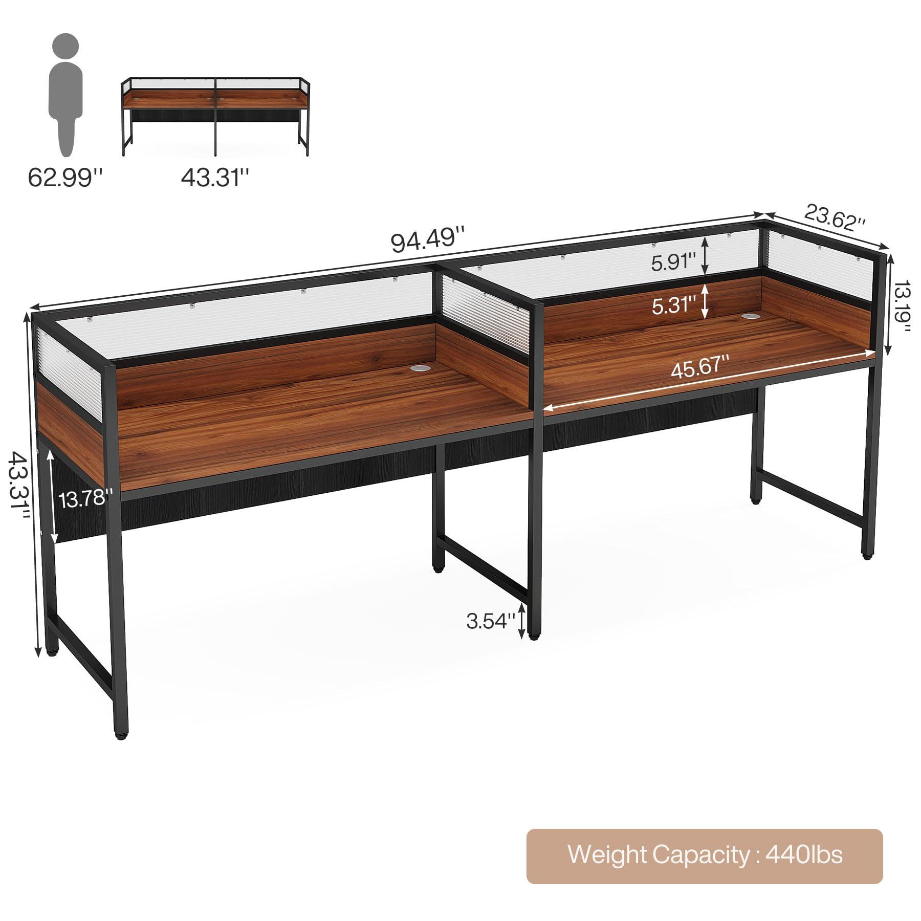 Tribesigns 94.48" Two-Person Office Desk with Privacy Panel, Long Computer Double Desk for 2 People, Modular Workstation Table with Wire Grommet for Office, Brown & Black - Image 2