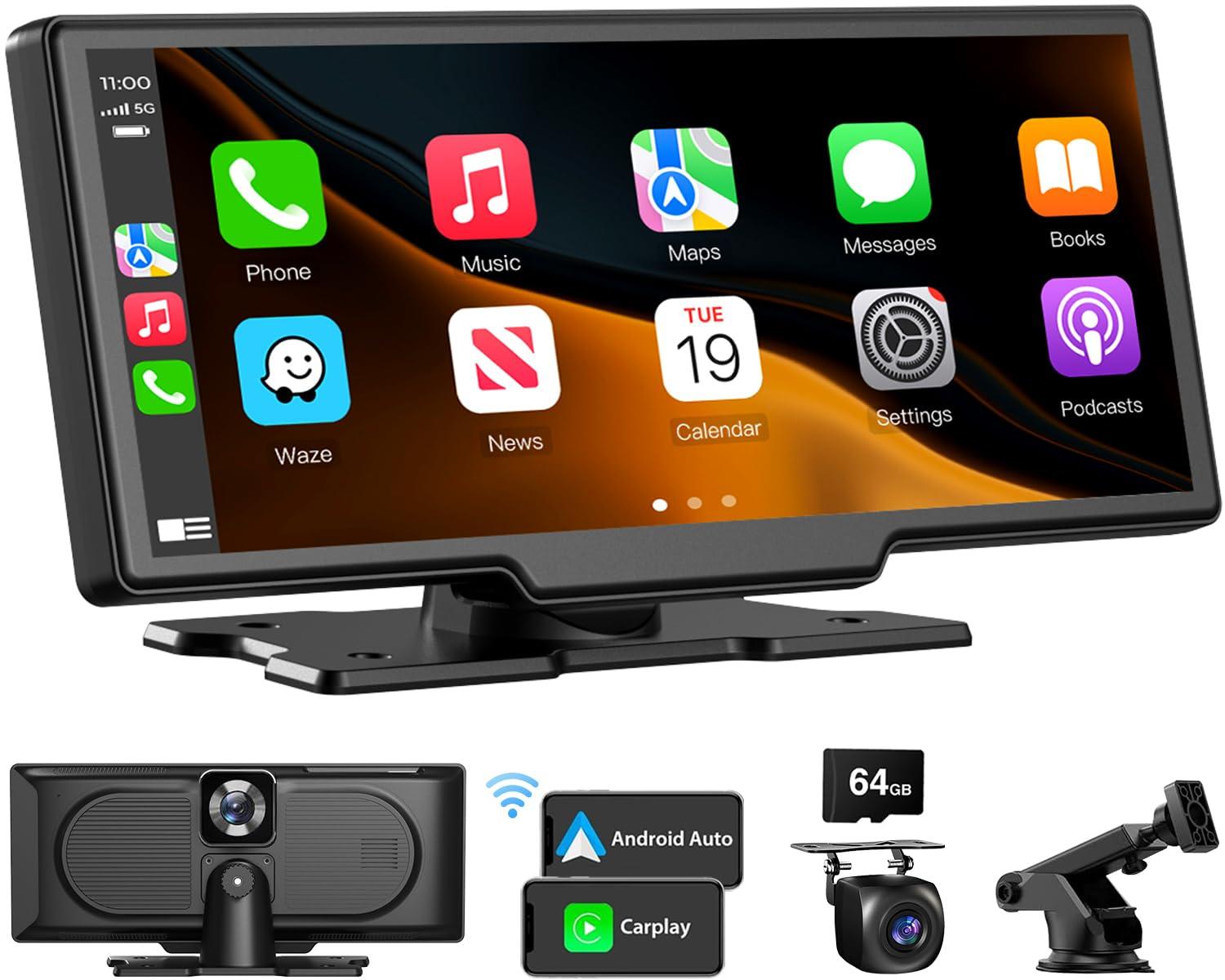 Portable Wireless CarPlay Touchscreen for Car: 4K Apple Carplay & Android Auto Car Play Screen with 4K Dash Cam/1080p Rear Camera/GPS Navigation/Bluetooth/Mirror Link/AirPlay (Obsidian Black-10IN)