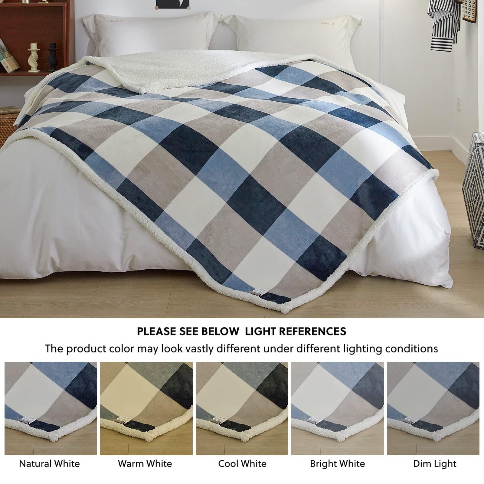 PU MEI Sherpa Fleece Throw Blanket 60" x 80" Reversible Plush Fluffy Large Big Blanket Lattice Flannel Blankets for Sofa Couch Bed (Grey-Soft Blue, 60"*80") - Image 7