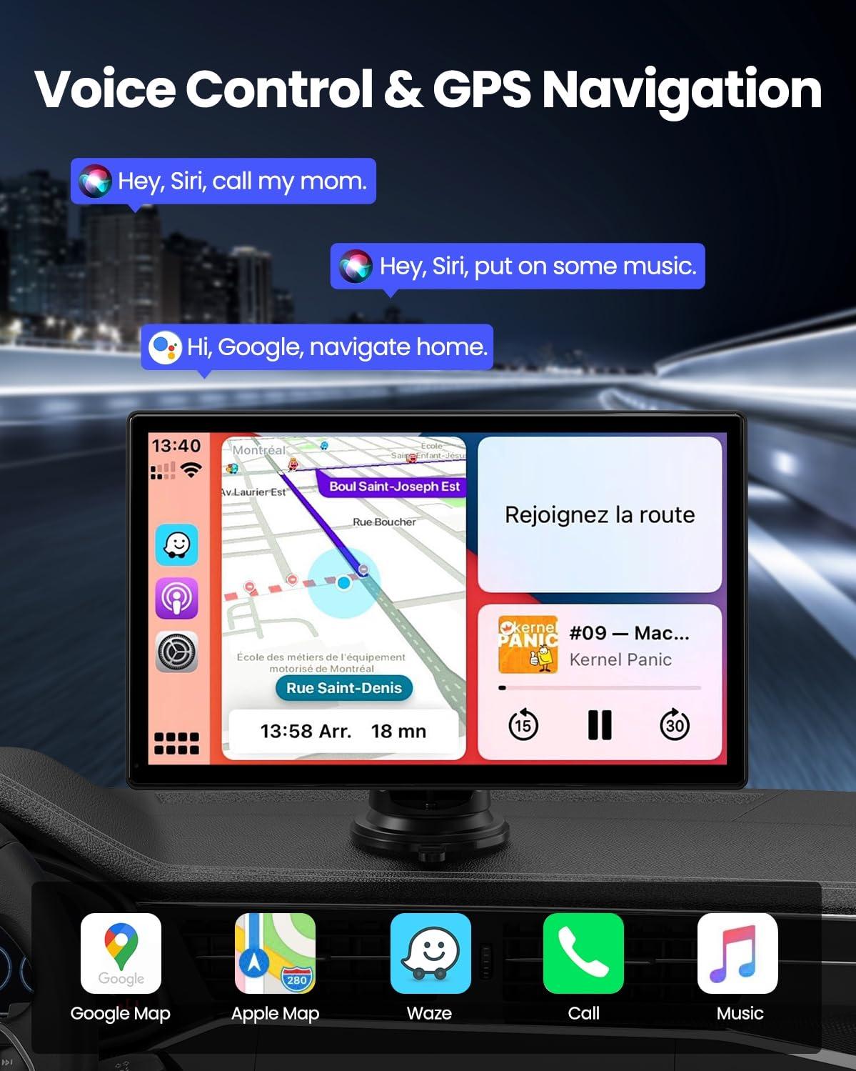 Wireless CarPlay Screen - 9'' Portable Car Stereo with 4K Dash Cam, 1080P Backup Camera, Satellite Radio, Apple CarPlay & Android Auto, GPS Navigation/AirPlay/Voice Control - Image 2