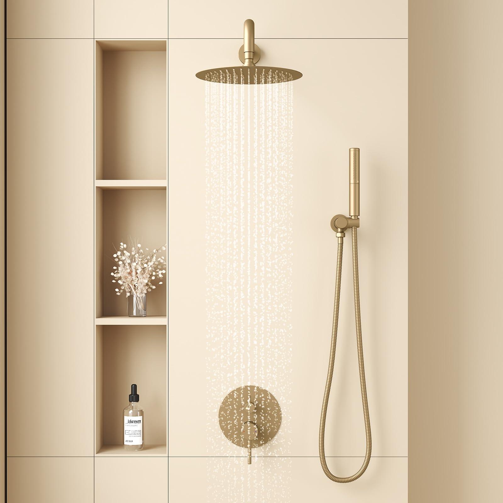 BESy Shower System with 10 Inch Round Rain Shower Head and Handheld Wall Mounted, High Pressure Rainfall Shower Faucet Fixture Combo Set with 2 in 1 Handheld Showerhead for Bathroom, Brushed Gold - Image 2