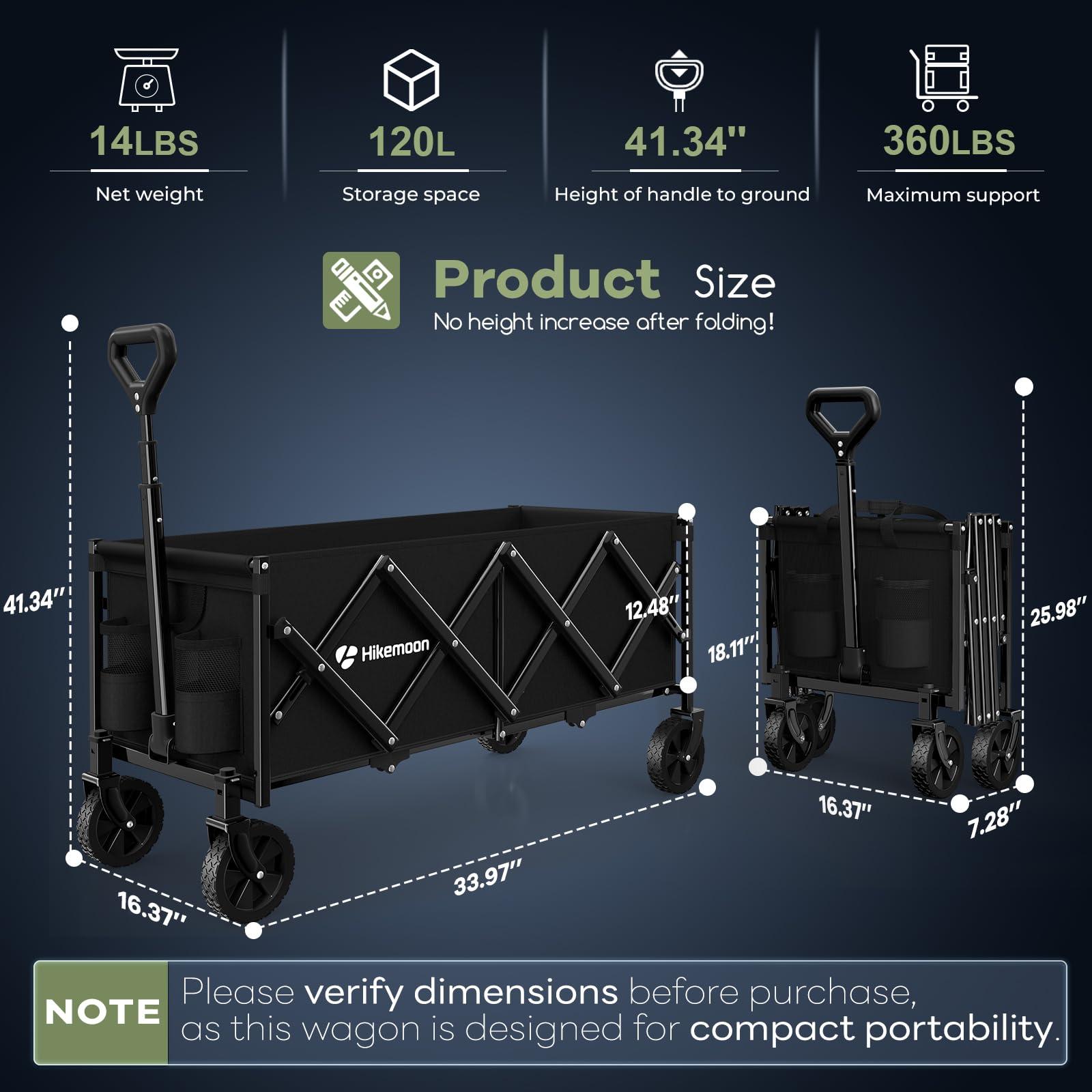 Hikemoon 34'' Extra Long Collapsible Wagons Carts Foldable, 360LBS Heavy Duty Folding Beach Wagon Cart with Wheels, Portable Utility Outdoor Wagon for Grocery, Shopping, Garden, Sports, Camping, Black - Image 2