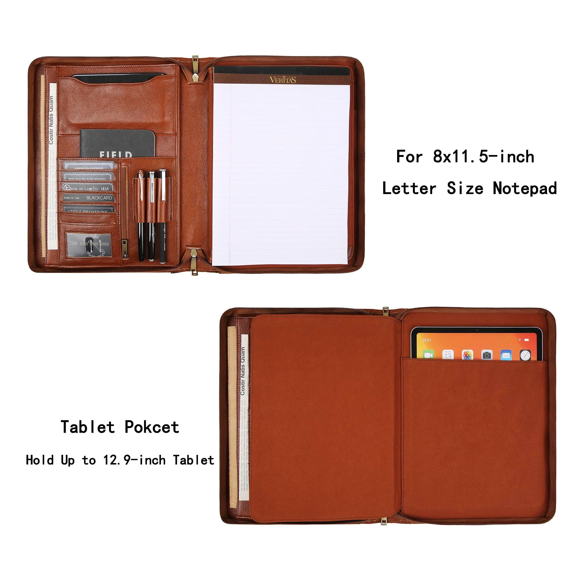 Handmade Genuine Leather Portfolio Organizer for IPad/Document, Business Padfolio with A4 Leather Notepad Holder, Leather Compact Folder Conference Portfolio for Men and Women, Oil-Brown - Image 4