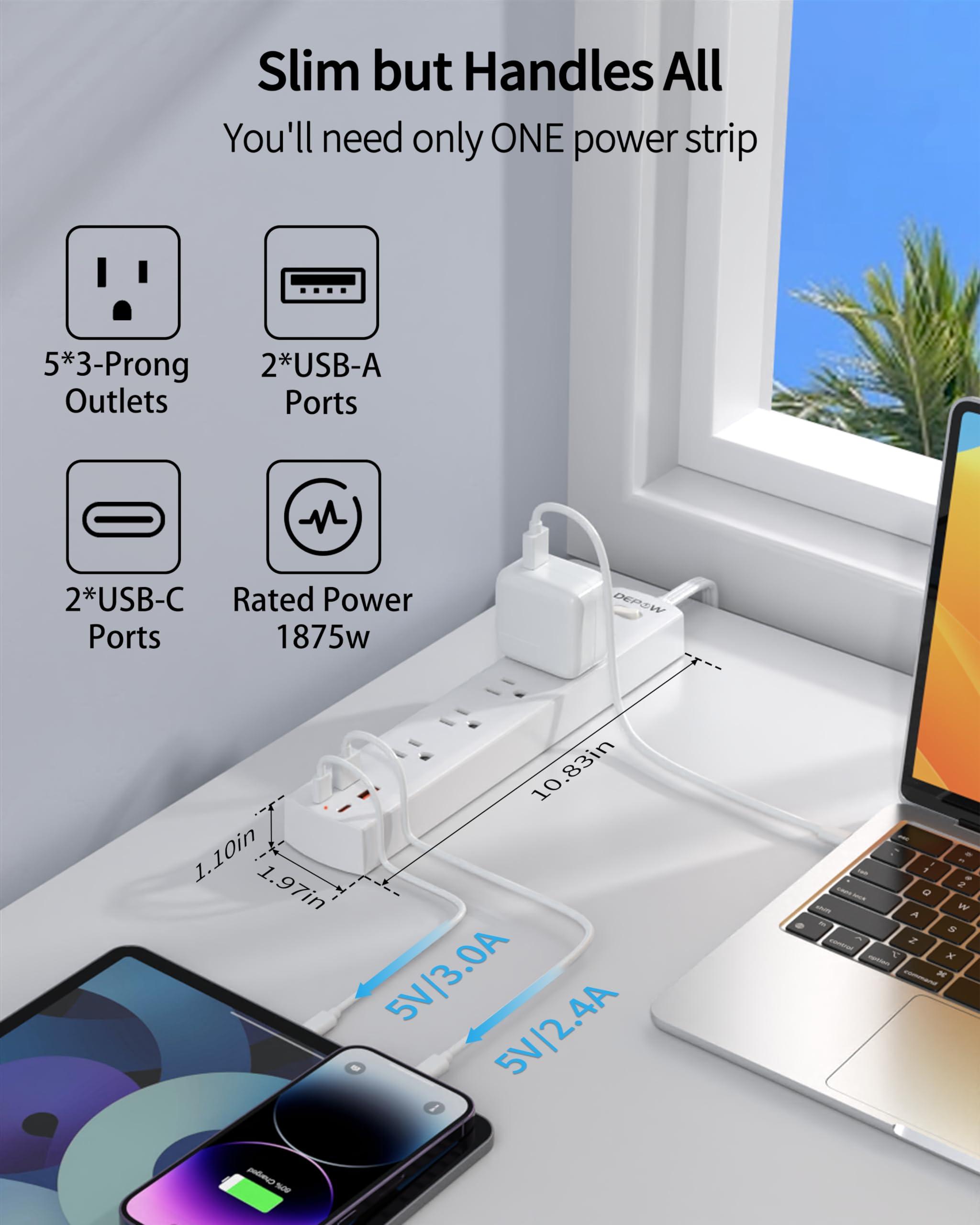 DEPOW Power Strip Surge Protector with 5 AC Outlets(1875W/15A) 4 USB Ports (2 USB C), 5 Ft Ultra Thin Extension Cord, Low Profile Flat Plug, 1700 Joules, Wall Mount for Home Office, White - Image 2