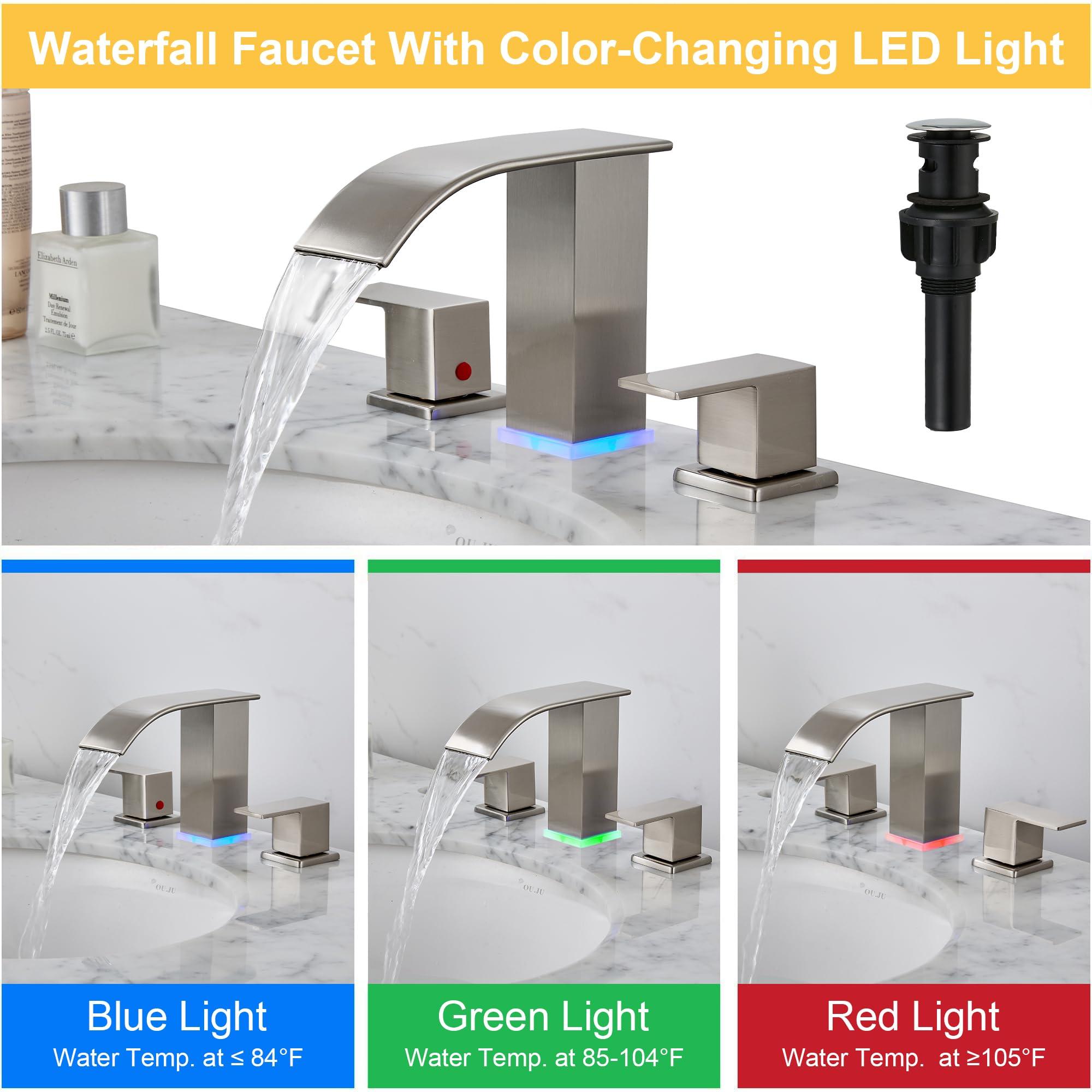 Bathroom faucets 3 Hole Brushed Nickel Vanity Faucet with led Waterfall Bathroom Faucet 3 Hole Sink Faucet Bathroom 8 inch Widespread Modern Parts Touch on 2 Handle - Image 3