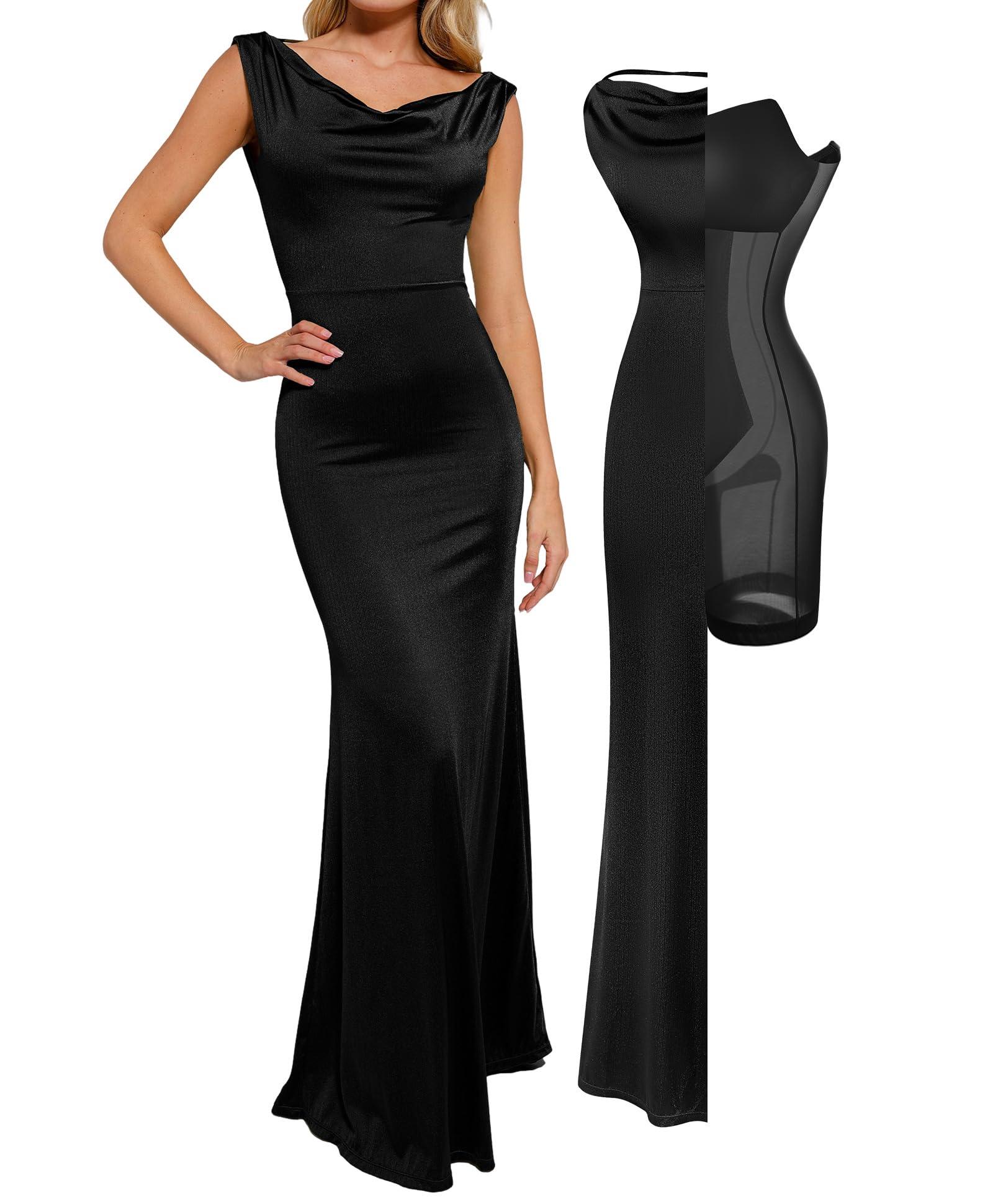 Popilush Women's Elegant Maxi Dress - Sleeveless Formal Cocktail Party Shapewear Dresses with Built-in Bra
