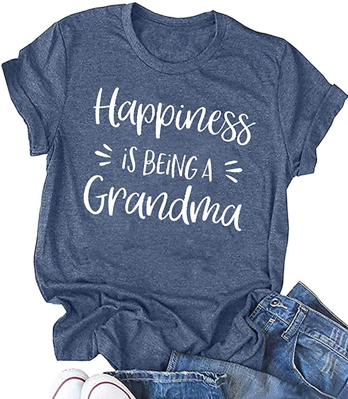 Grandma Shirts for Women Happiness is Being a Grandma Letter Printed Tshirt Grandmother Casual Short Sleeve Tee Tops