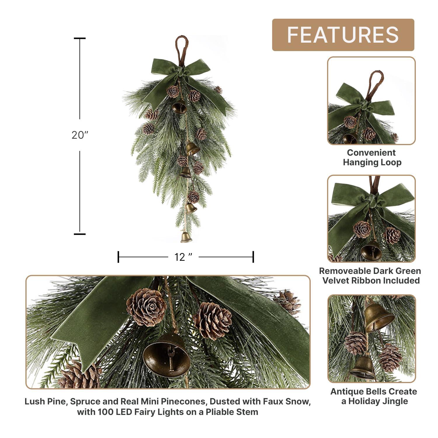 LampLust Winter Swag for Front Door, 18 Inch Greenery Swag with Bells, Pinecones & Ribbon, Teardrop Swags for Decorating, Floral Swags for Winter Wedding Decor, Wall & Window Decor, Front Door Swag - Image 2