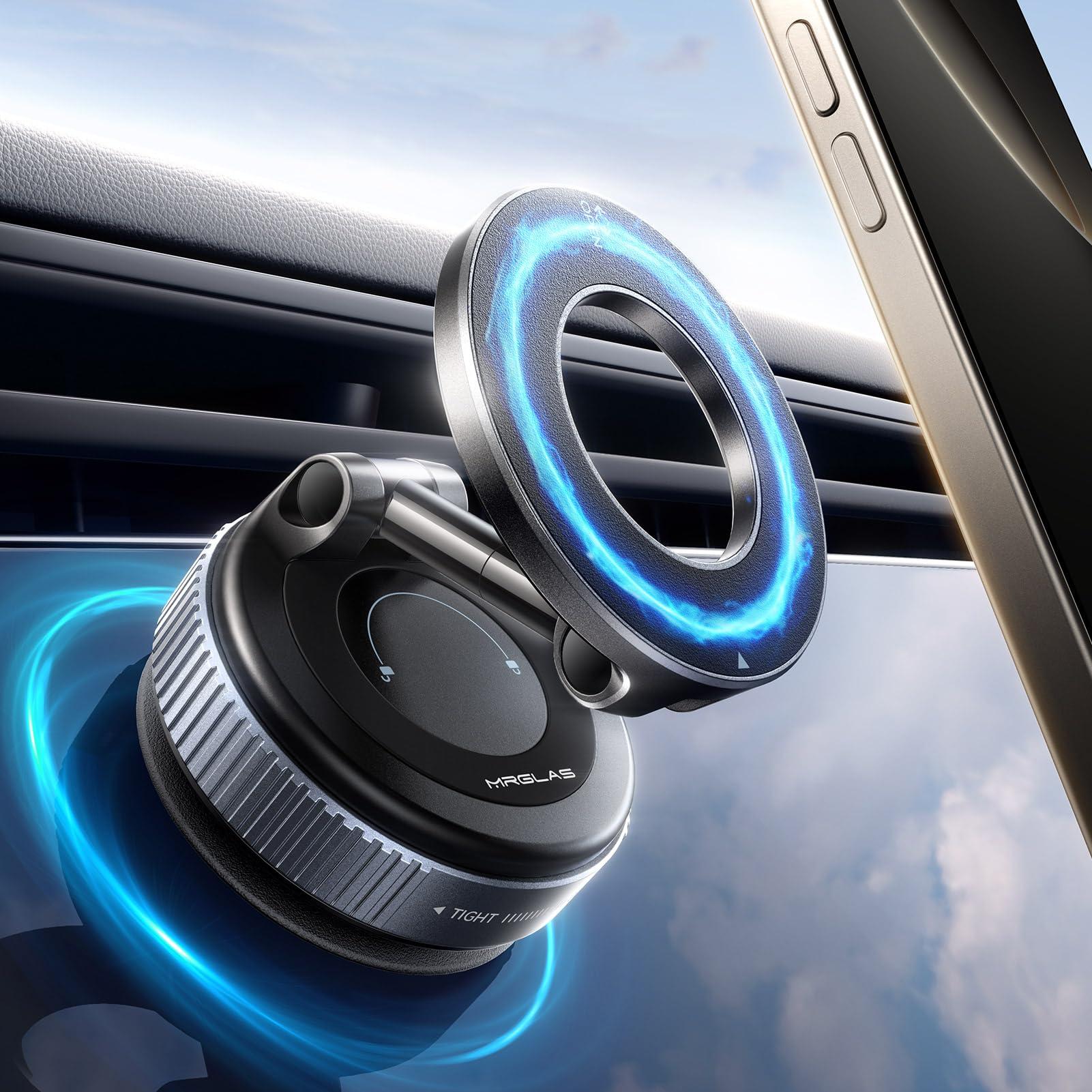 MRGLAS 2025 Upgraded Vacuum Magnetic Phone Holders for Your Car, 360° Adjustable Foldable Magsafe Suction Cup Phone Mount for iPhone [89+LBS Suction+2800gf Magnet] Car Truck Accessories for Men Women