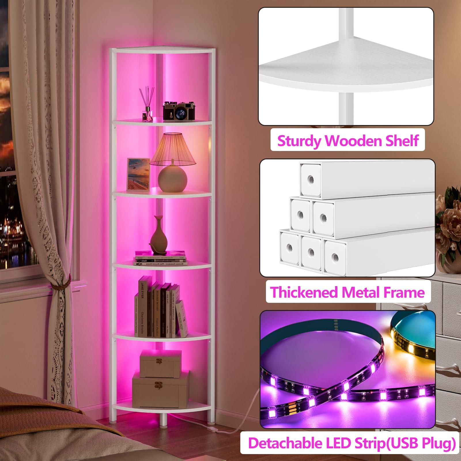 Furnulem 6 Tier Corner Shelf with LED Light, 67.5” Tall Standing Shelf Organizer, White Narrow Bookshelf with Storage Rack for Wall Corner, Living Room, Bedroom, Metal Frame, Wood Display Shelf - Image 8