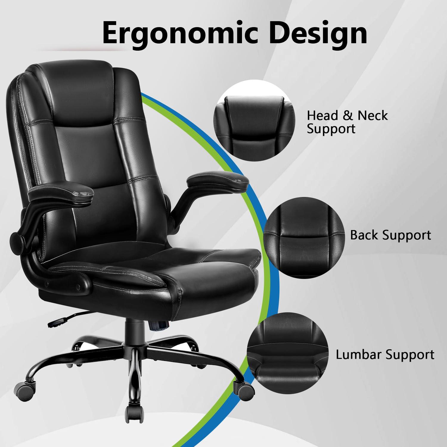 Leather Office Chair - Ergonomic Computer Desk Chair, High Back Executive Office Chair with Lumbar Support, Comfortable Leather Home Office Desk Chairs with Padded Flip-up Armrest, Black - Image 6