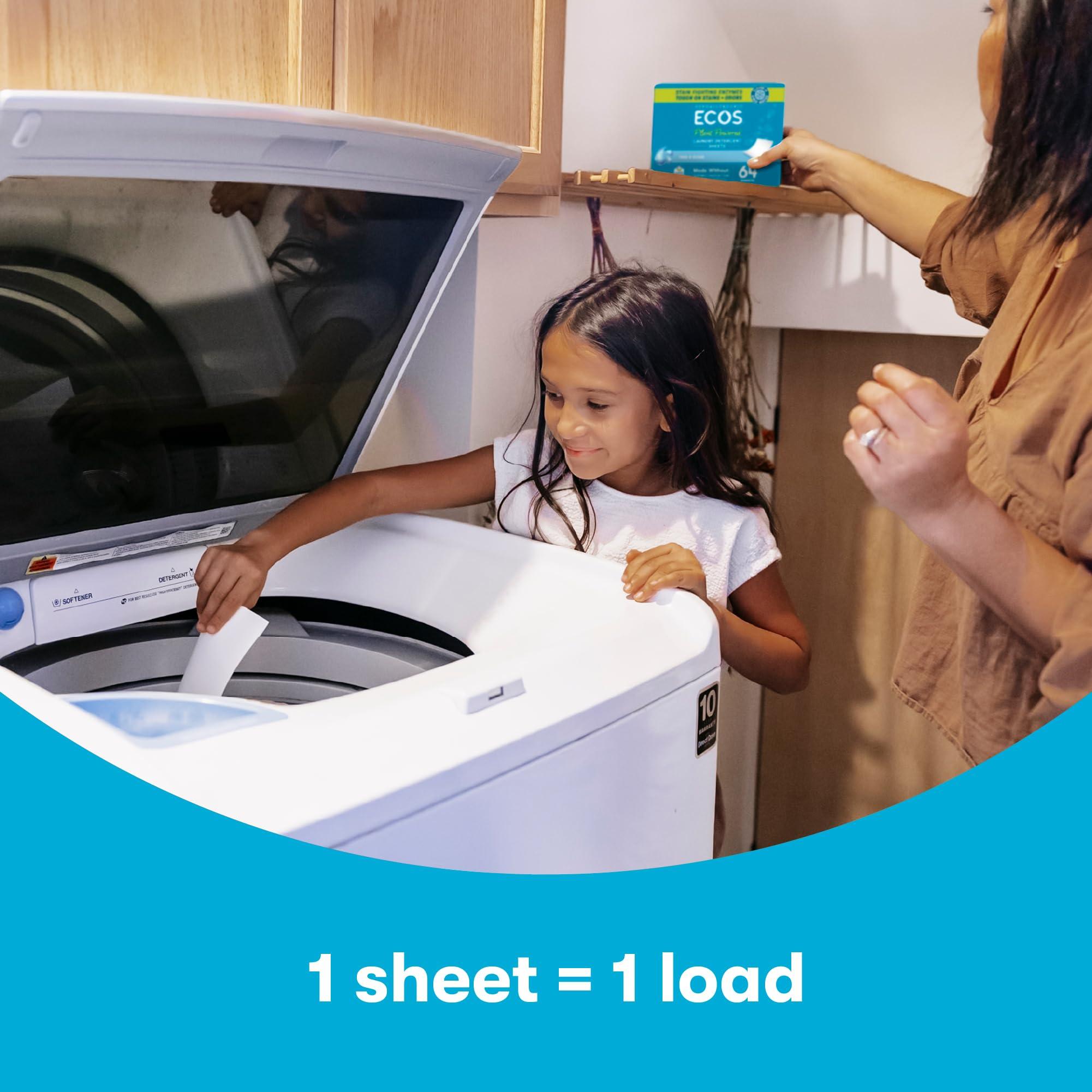 ECOS Laundry Detergent Sheets Vegan, No Plastic Jug, No Mess & Liquid Free - Laundry Sheets in Washer - Hypoallergenic, Plant Powered Laundry Detergent Sheets - Free and Clear - 64 Sheets (Pack of 1) - Image 6