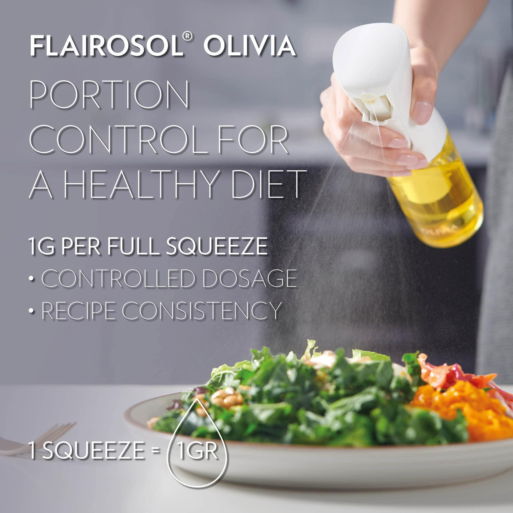 FLAIROSOL OLIVIA. The Original Advanced Oil Sprayer for Cooking, Salads, BBQs and More, Continuous Spray with Portion Control, Trusted by Chefs. Patented Technology. (Glass Bottle) (Golden Leaves) - Image 4