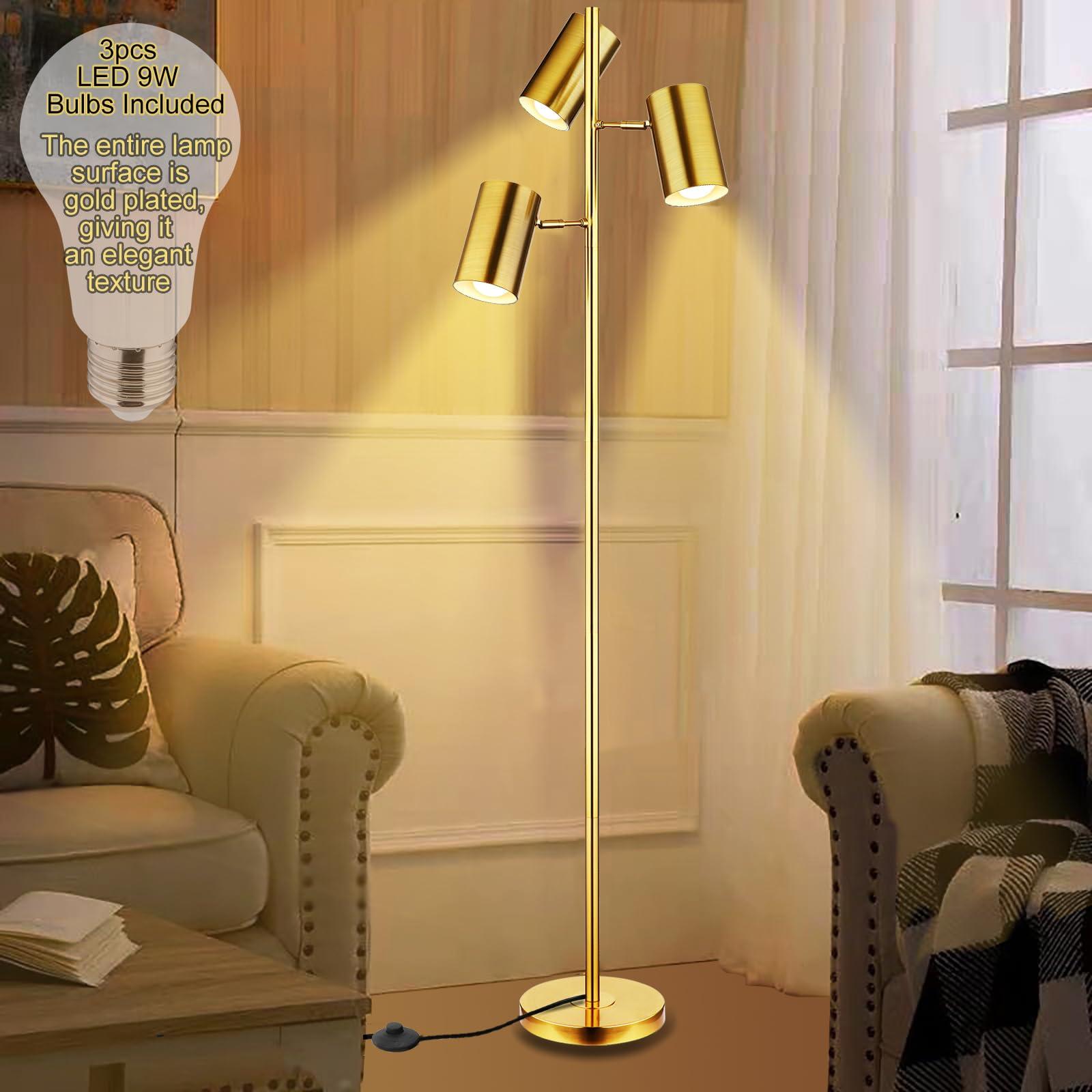 Tree Floor Lamp with 3 Light Bulbs,Gold Standing Tall Pole Lamp with 3 Adjustable Rotating Lights,Farmhouse Floor Lamp for Living Room Bedroom Office,Vintage Standing Lamp 9W E26 LED Bulbs Included - Image 4