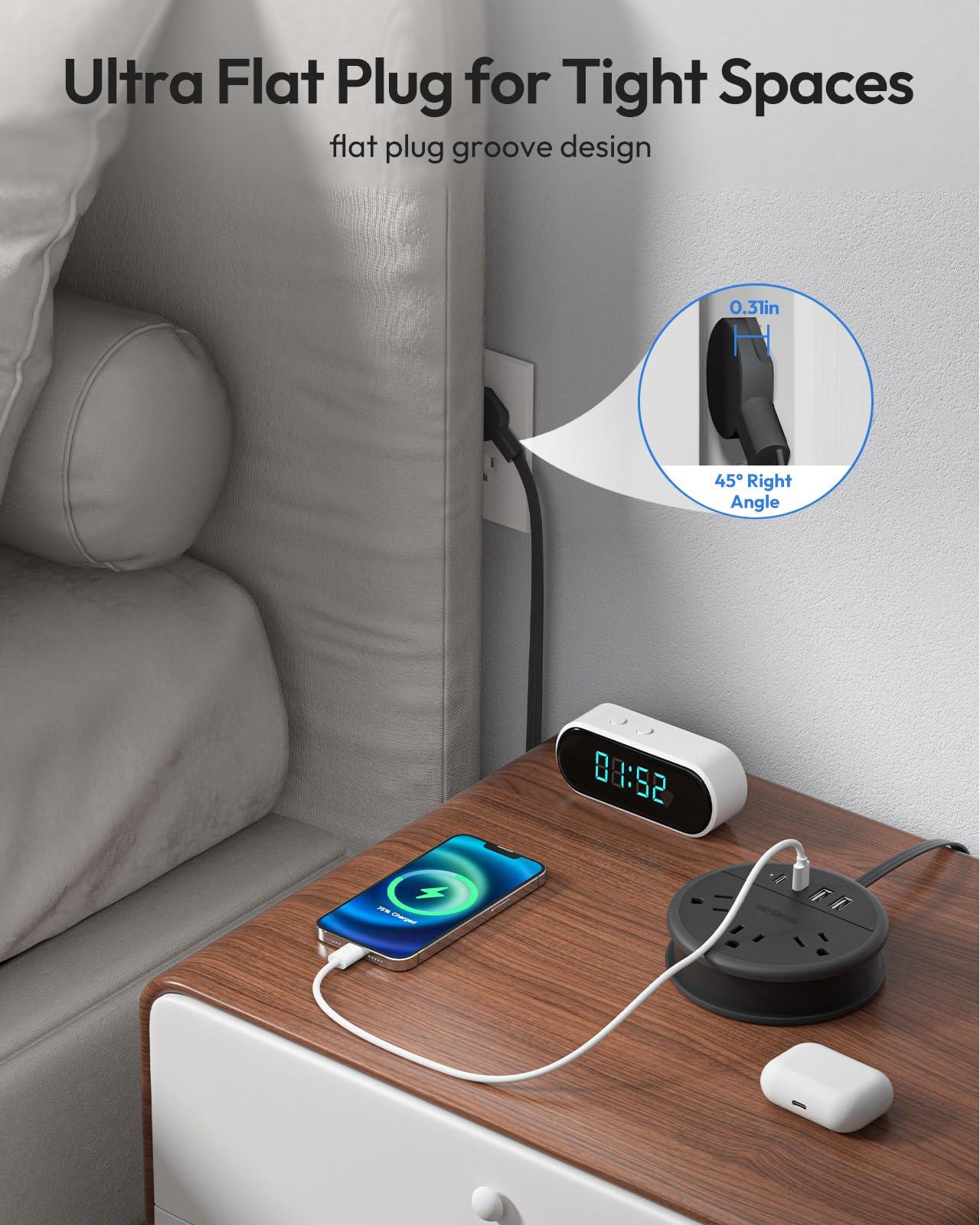 NTONPOWER Flat Plug Extension Cord, 2 USB C Travel Power Strip with 3 Outlets 4 USB Ports, 4ft Flat Extension Cord, Portable Power Strip Mountable for Travel Cruise Ship Essentials Home Black - Image 5