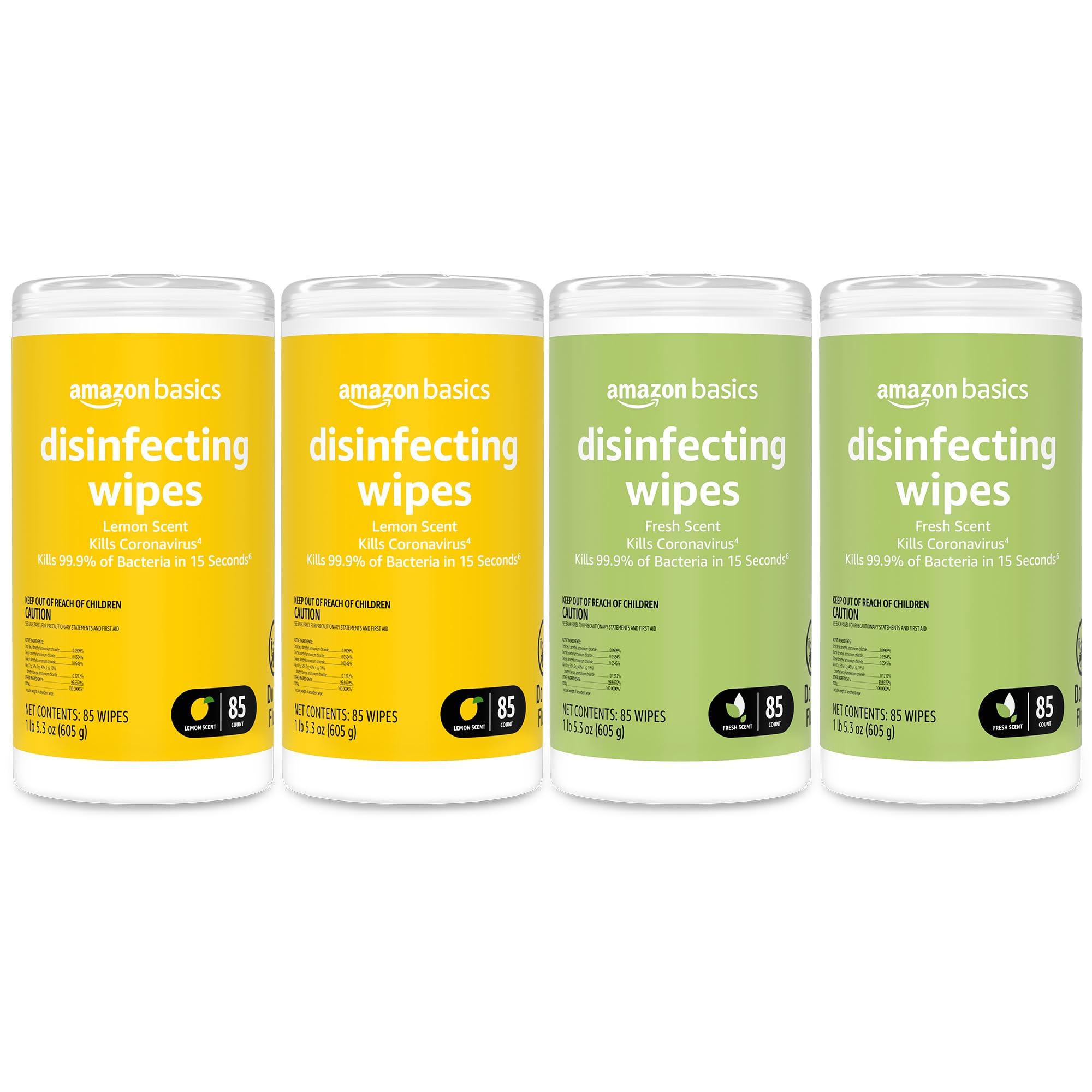 Amazon Basics Wipes, Lemon & Fresh Scent, Sanitizes/Cleans/Deodorizes, 340 Count (4 Packs of 85)