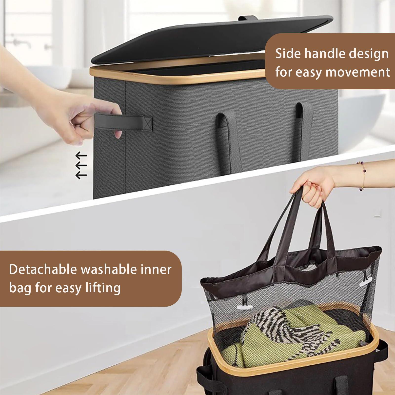 Large Laundry Basket with Wheels,100L Tall Laundry Hamper with Lid and Removable Liner Bag,Collapsible Dirty Clothes Hamper for Bathroom,Bedroom,Dorm & Laundry Room,Black - Image 6